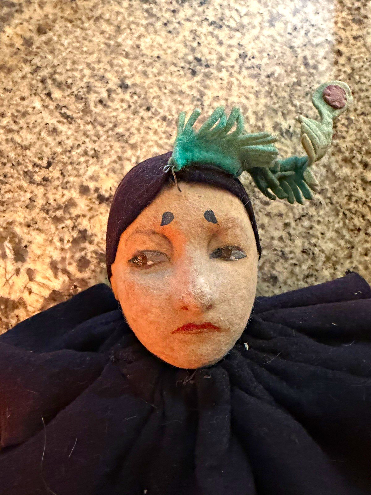 Lenci Cloth Pierrot Clown Doll w/ Black Ruffle Collar, Green Headpiece