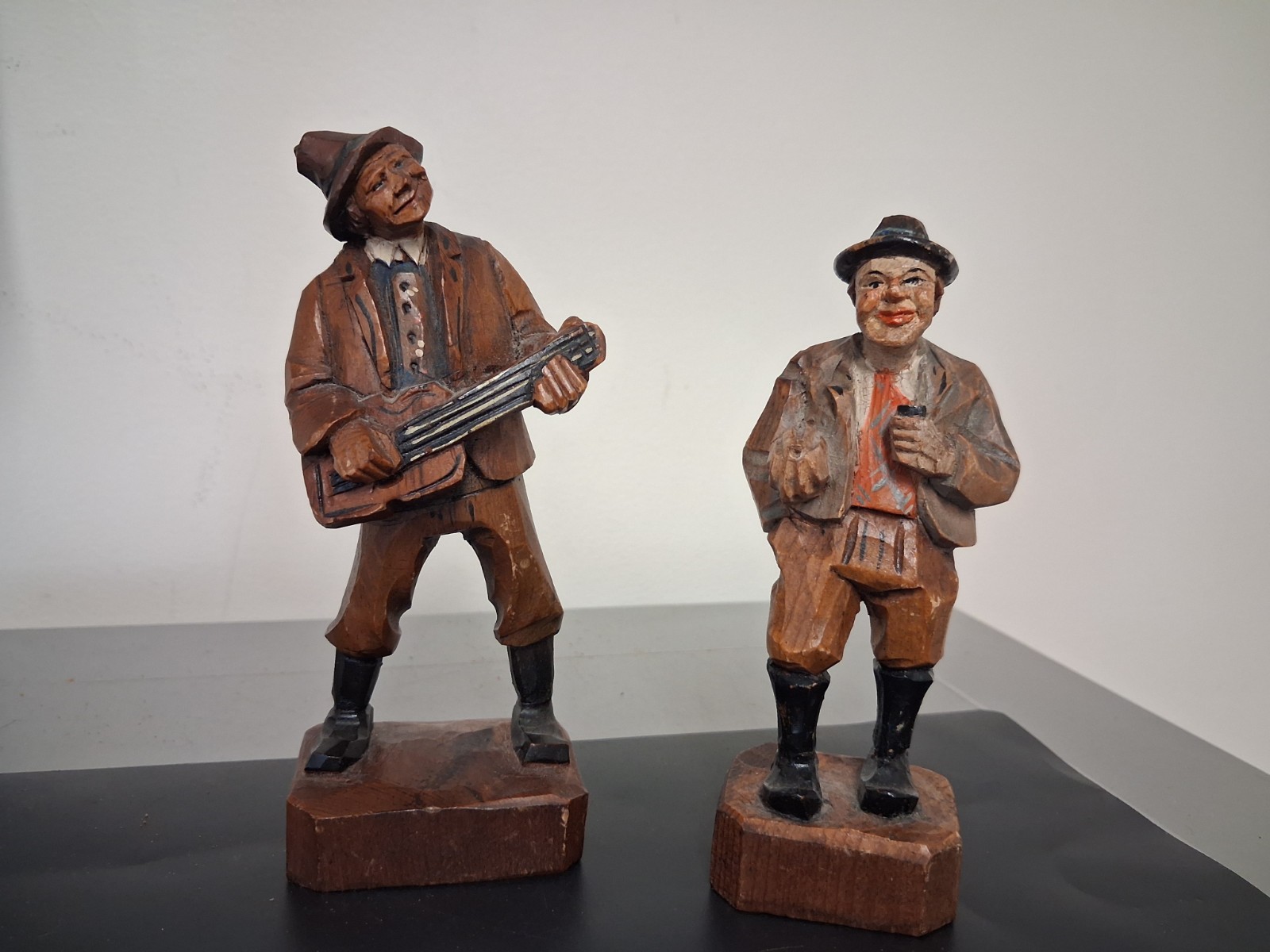 2 Vintage ANRI Hand Carved Wooden Figures Playing Instrument- 2 Vintage ANRI Hand Carved Wooden Figures Playing Instrument-