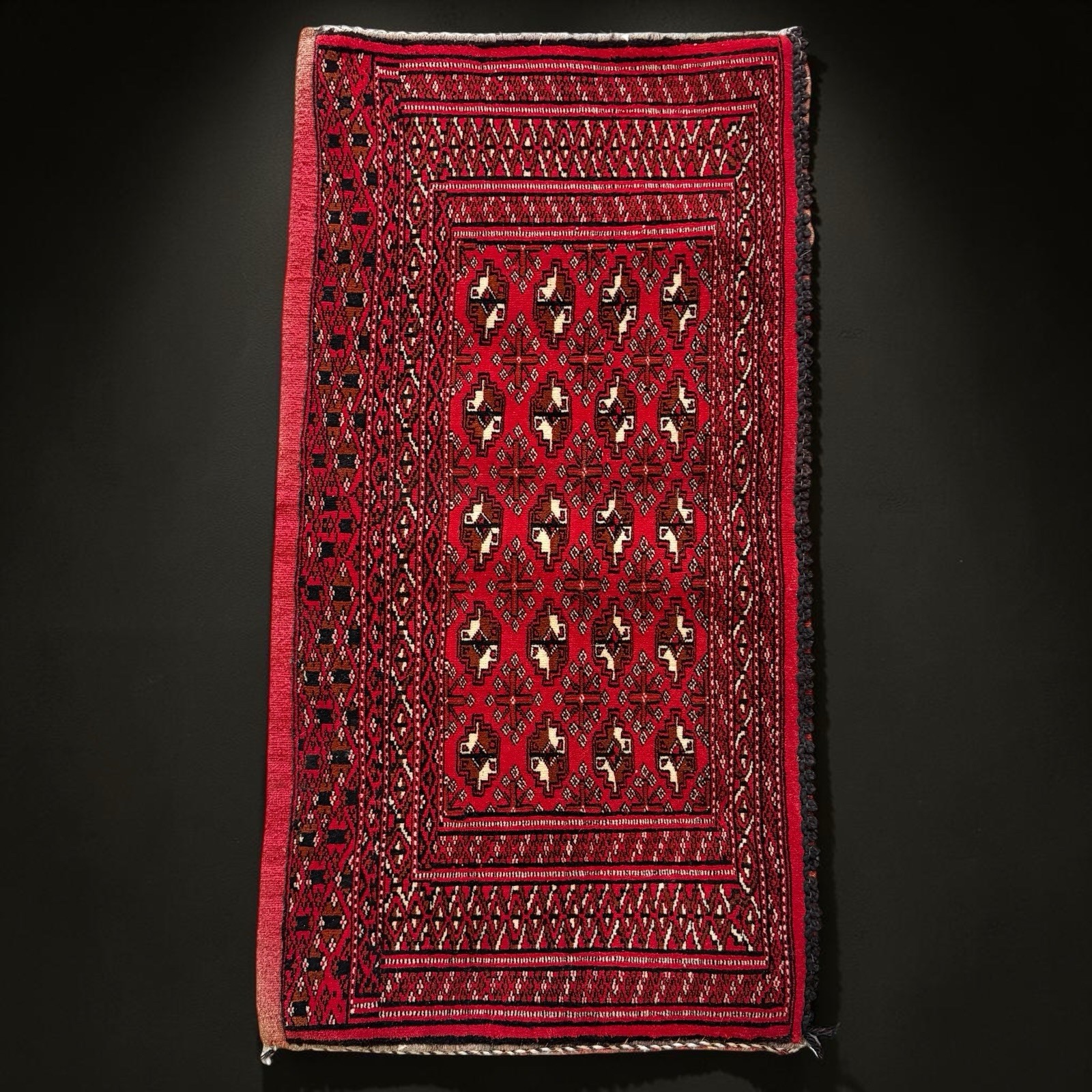 VINTAGE TRIBAL HANDWOVEN WOOL RUG BAGFACE RED GEOMETRIC 45”Lx24”W