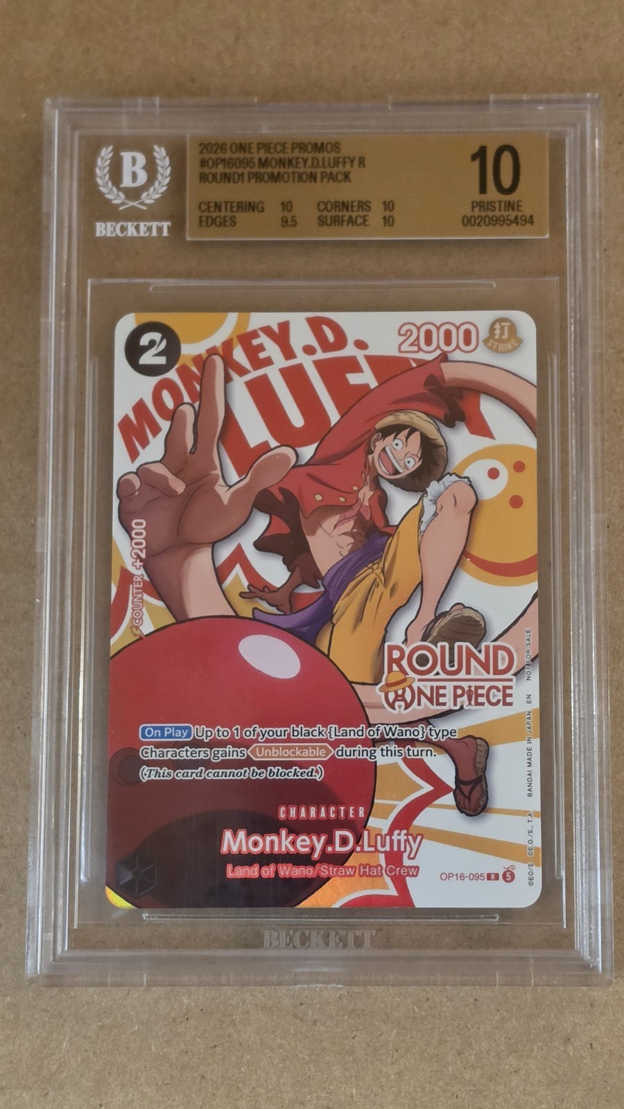 One Piece Round1 Monkey D Luffy #095 BGS 10 PRISTINE