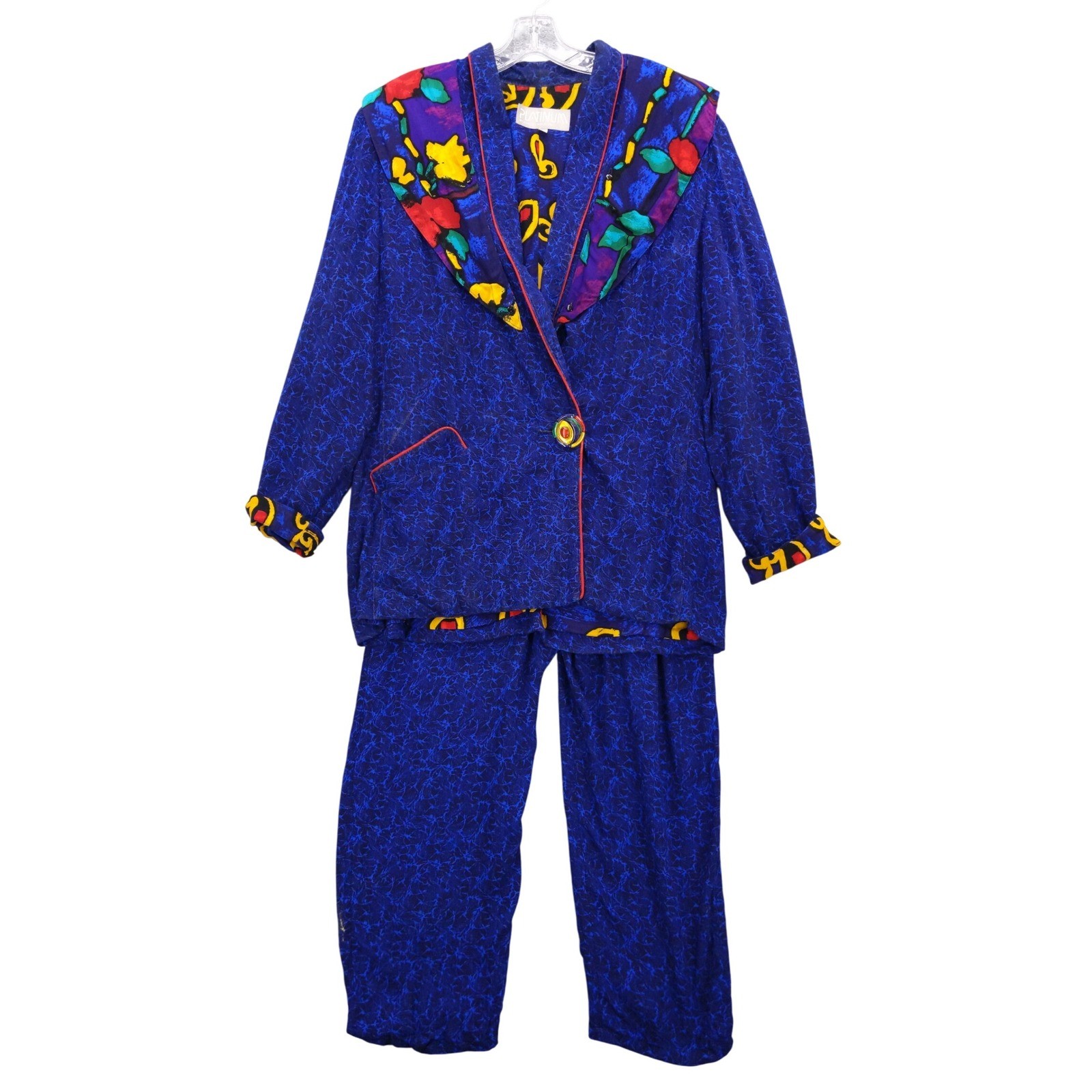 vtg 80s Platinum by Dorothy Schoelen Blue Floral Jacket Pants Set Sz L