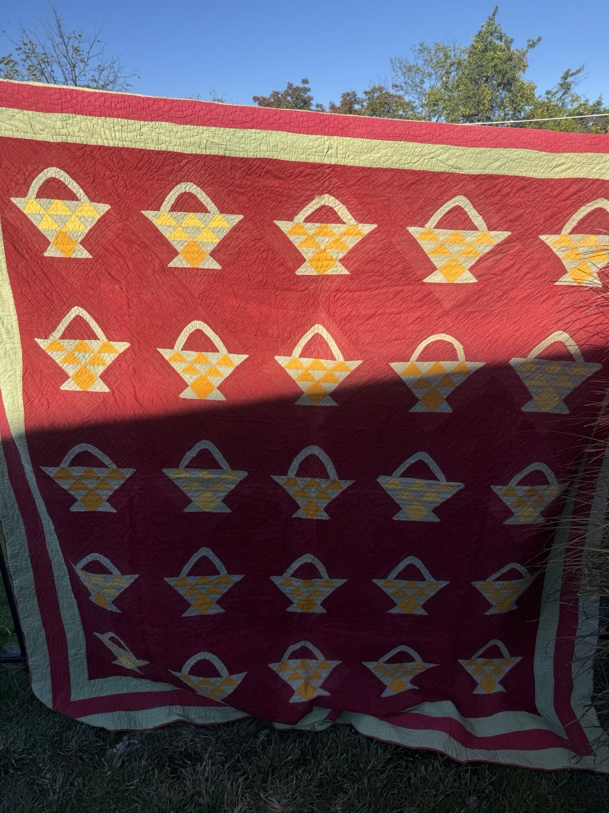 antique basket red green yellow quilt 80x82