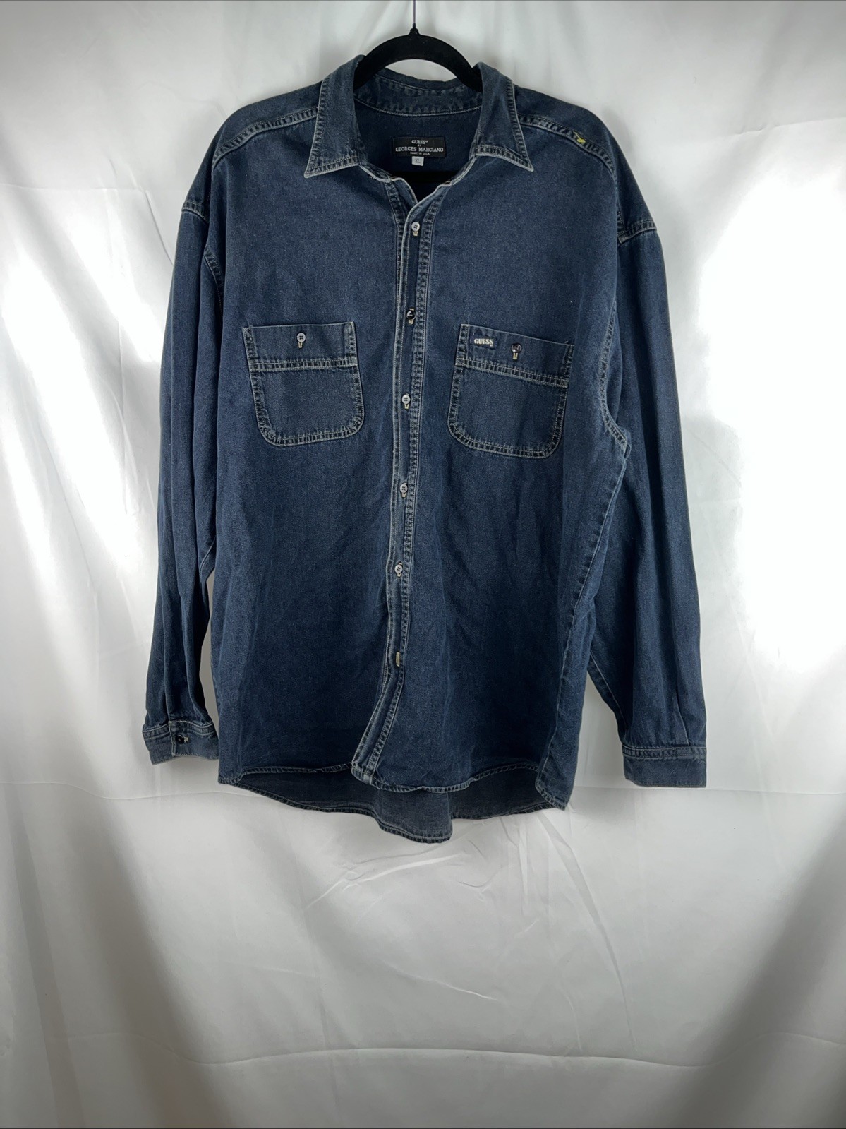 Guess Georges Marciano Denim Shirt USA Embroidered Men’s Size XL Missing Button Guess Georges Marciano Denim Shirt USA Embroidered Men’s Size XL Missing Button