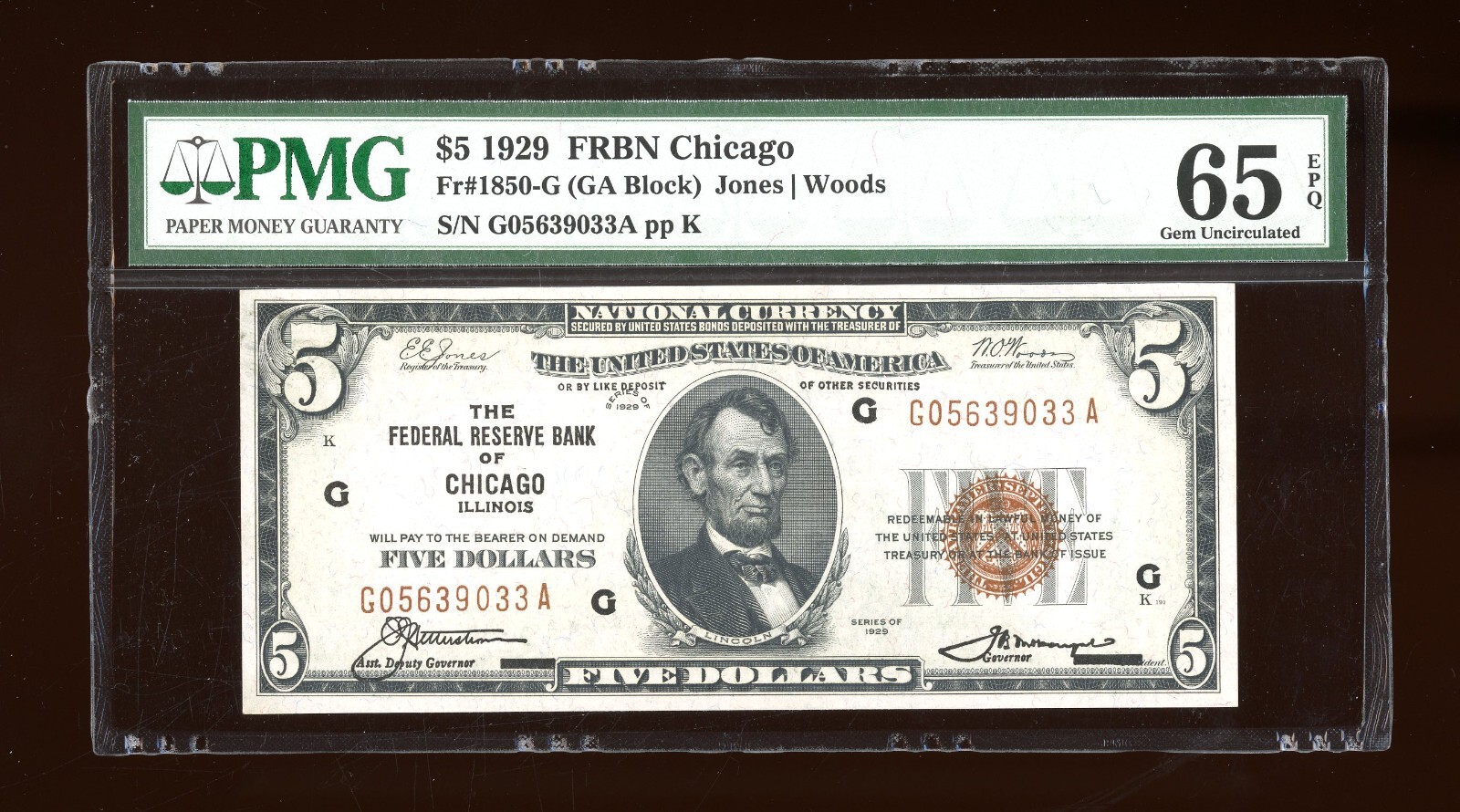 DBR 1929 $5 FRBN Chicago Gem Fr. 1850-G PMG 65 EPQ Serial G05639033A