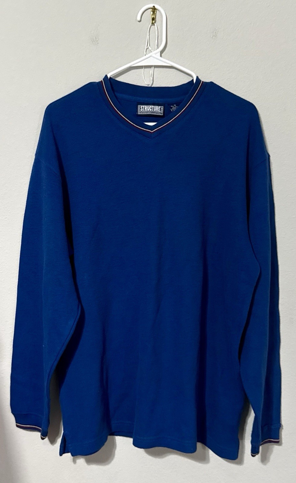 True Vintage 90s Structure Mens V-Neck Pullover Shirt Blue 100% Cotton Sz Med