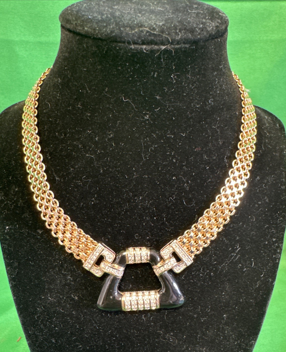Vintage Signed Panetta Art Deco Revival Necklace, Black Enamel Geometric Pendant
