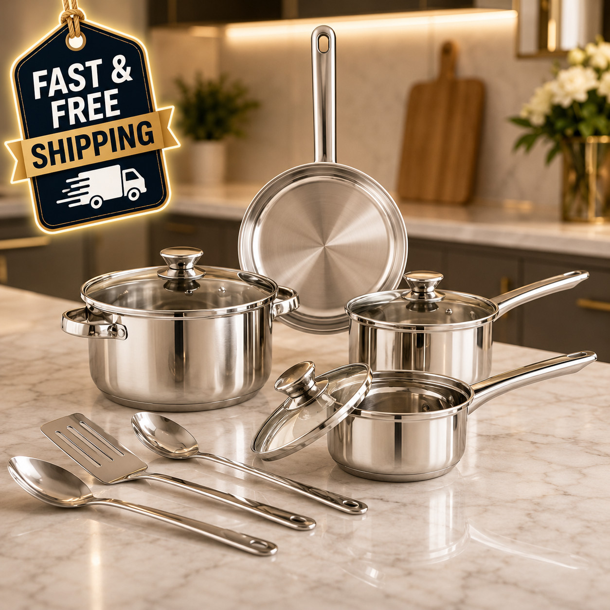 Mainstays Stainless Steel 10-Piece Cookware Set with Lids and Utensils