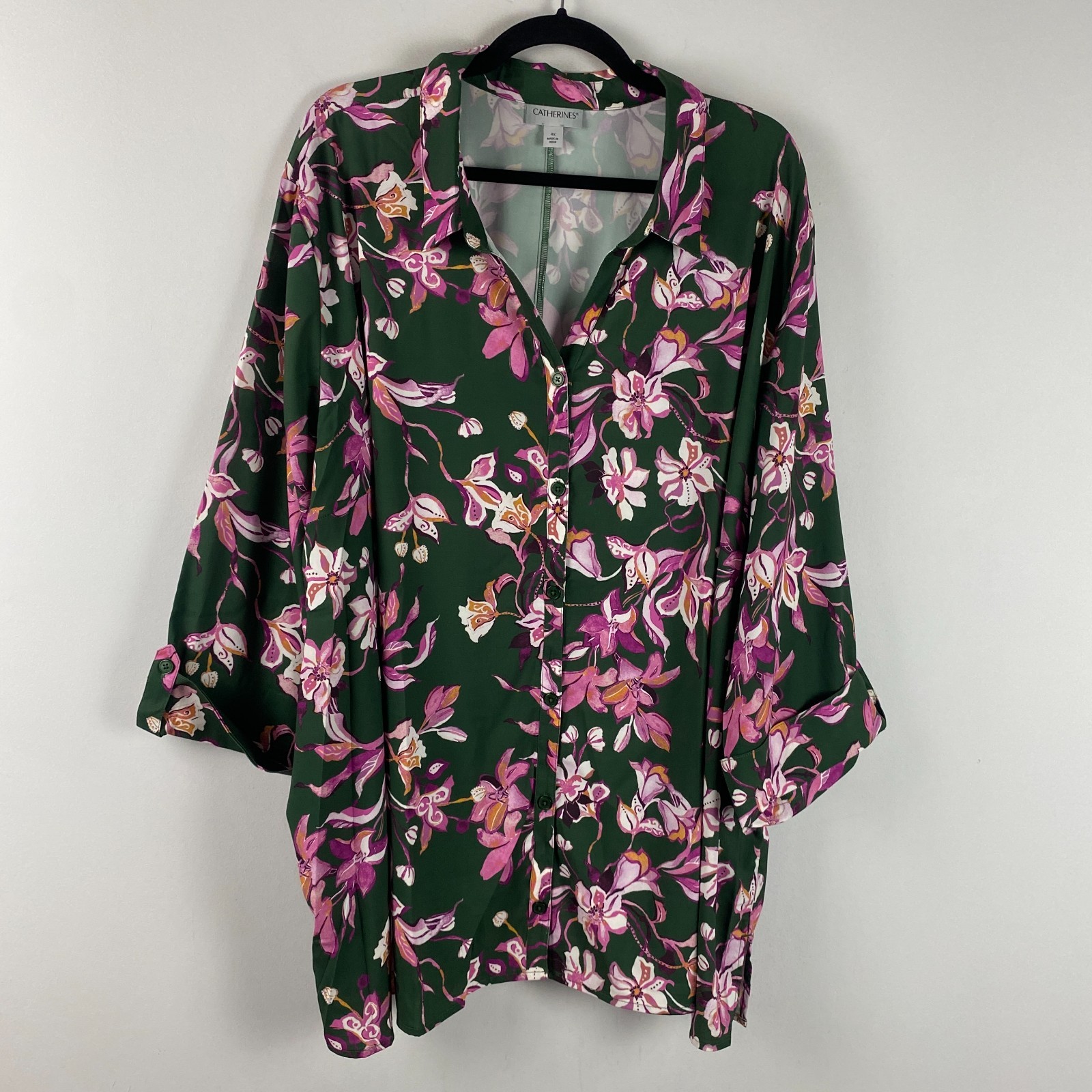Catherines Green Floral Button Up Shirt Size 4X Stretch 3/4 Sleeves