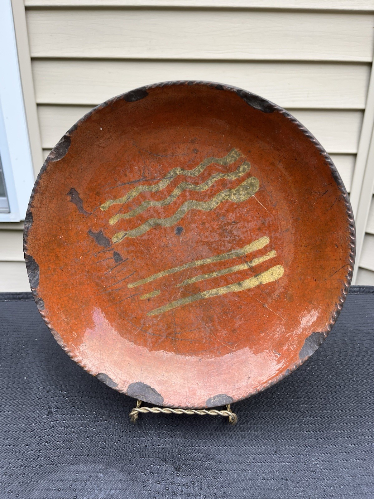 Antique Early 1800's Cog Edge Pennsylvania Redware Yellow Slip Pie Plate 9 3/4