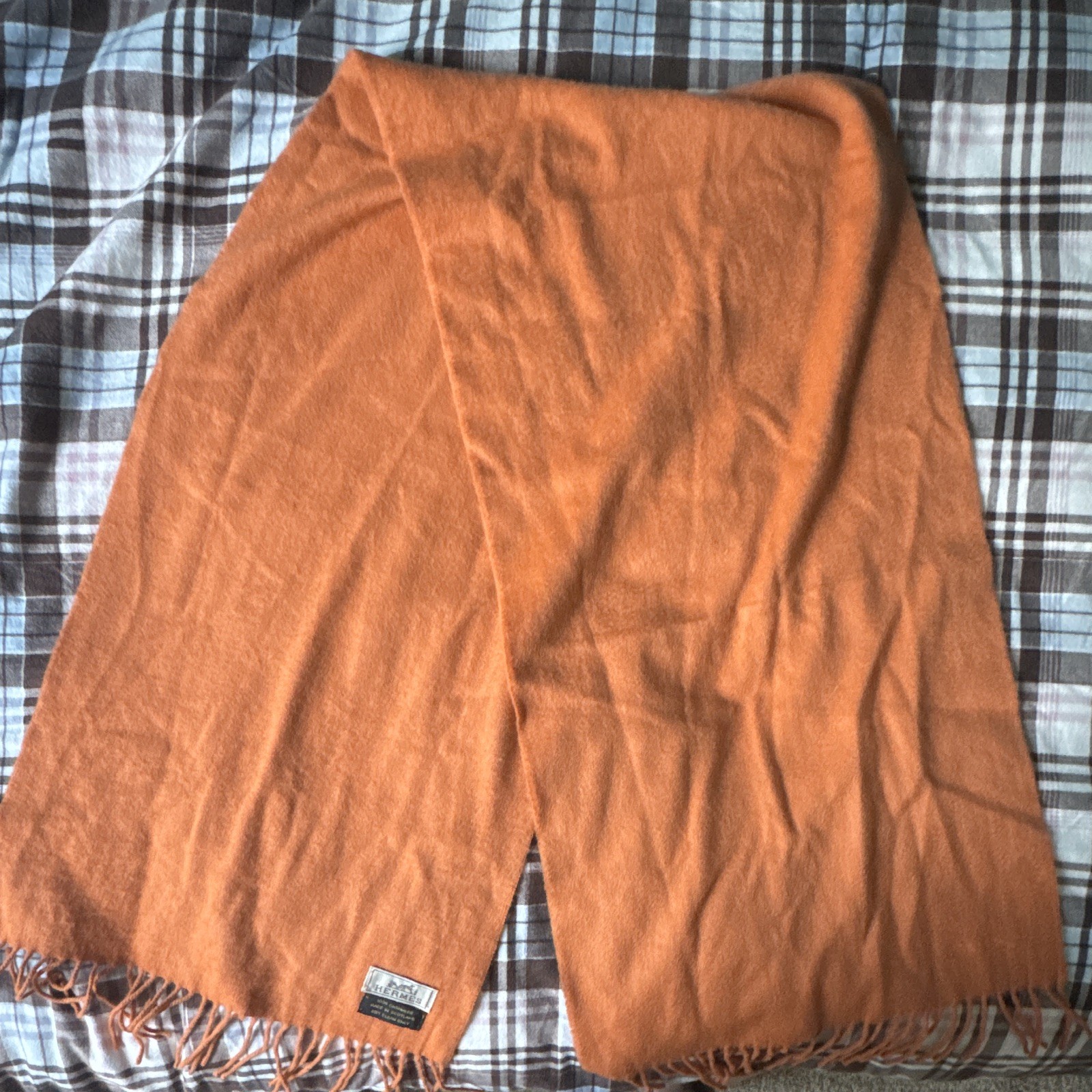 Vintage 1970s Hermès 100% Cashmere Orange Knit  Scarf Made in Scotland