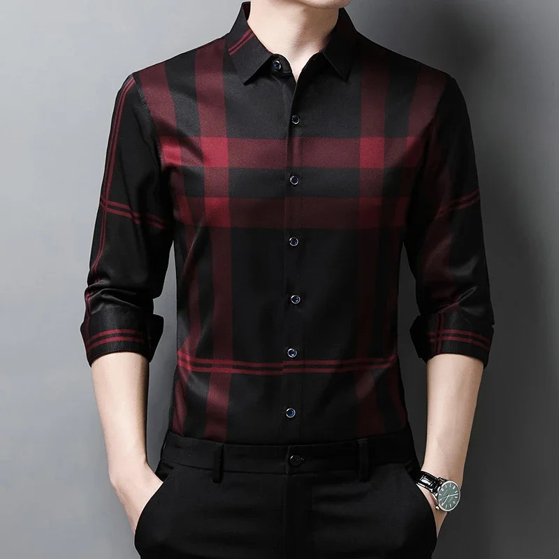 Camisa Ajustada De Seda De Hombres Ropa De Vestir Manga Larga a Cuadros Elegante