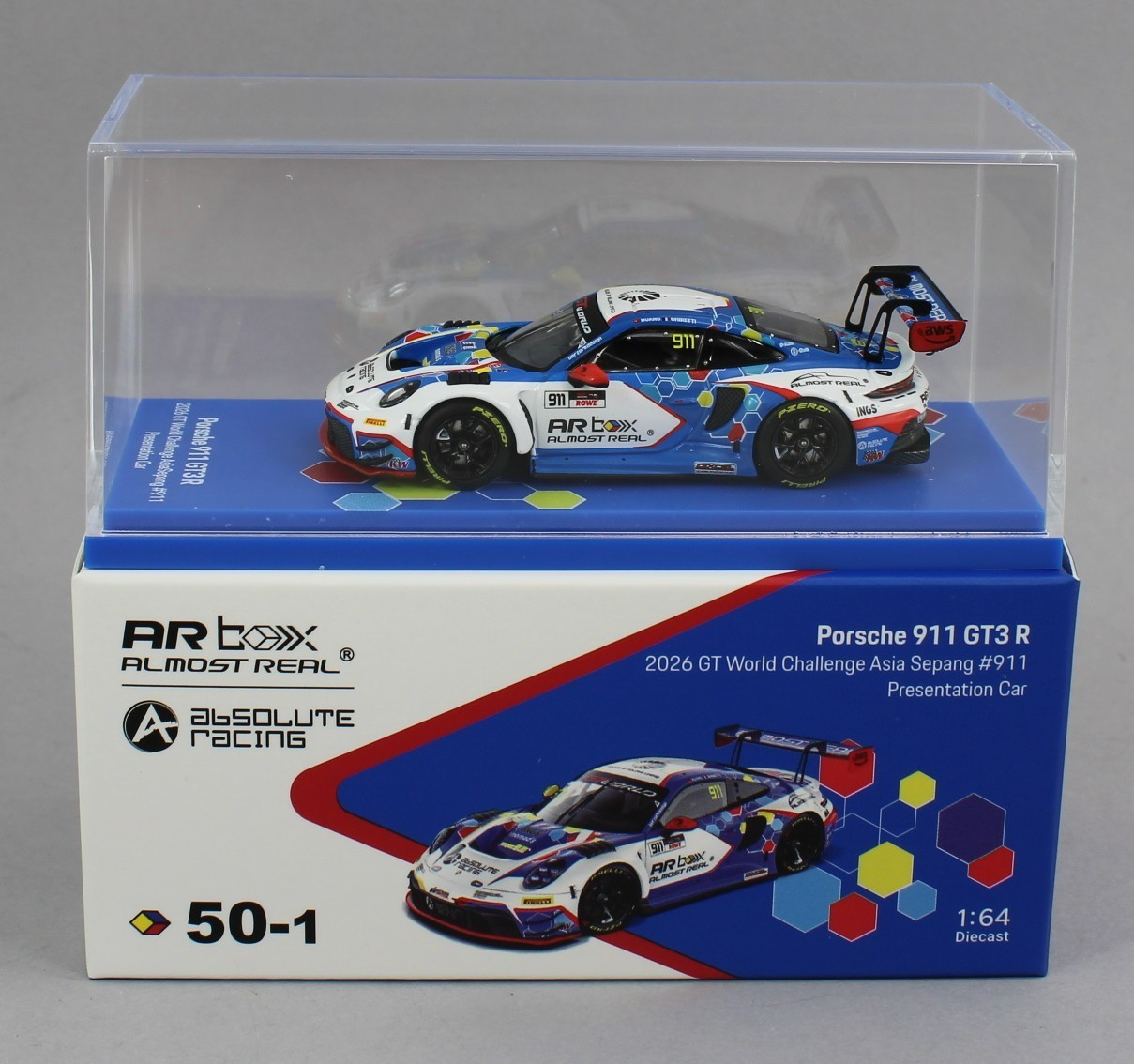 1:64 *AR BOX ALMOST REAL* Porsche 911 GT3R Absolute Racing #911 Presentation Car
