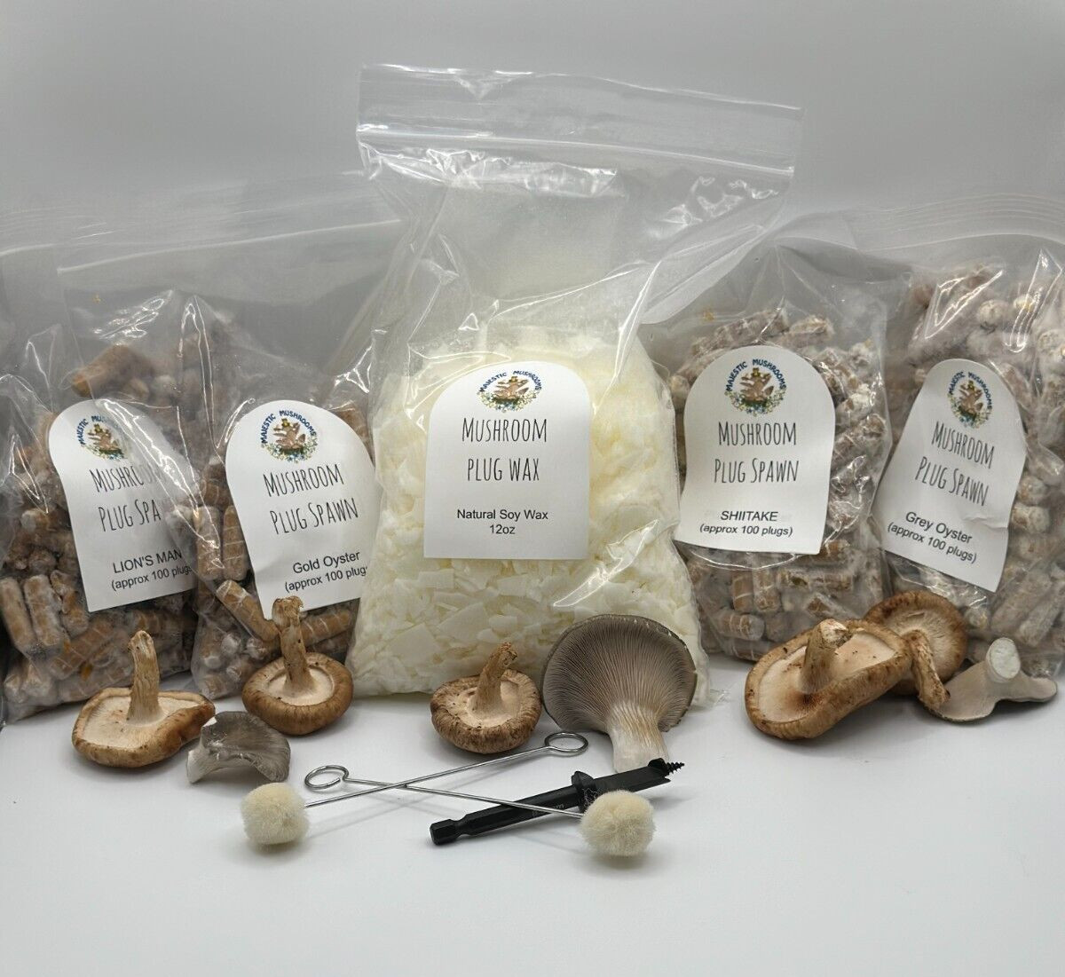 Mushroom plug spawn variety pack & drill/wax combo (4 100 packs)