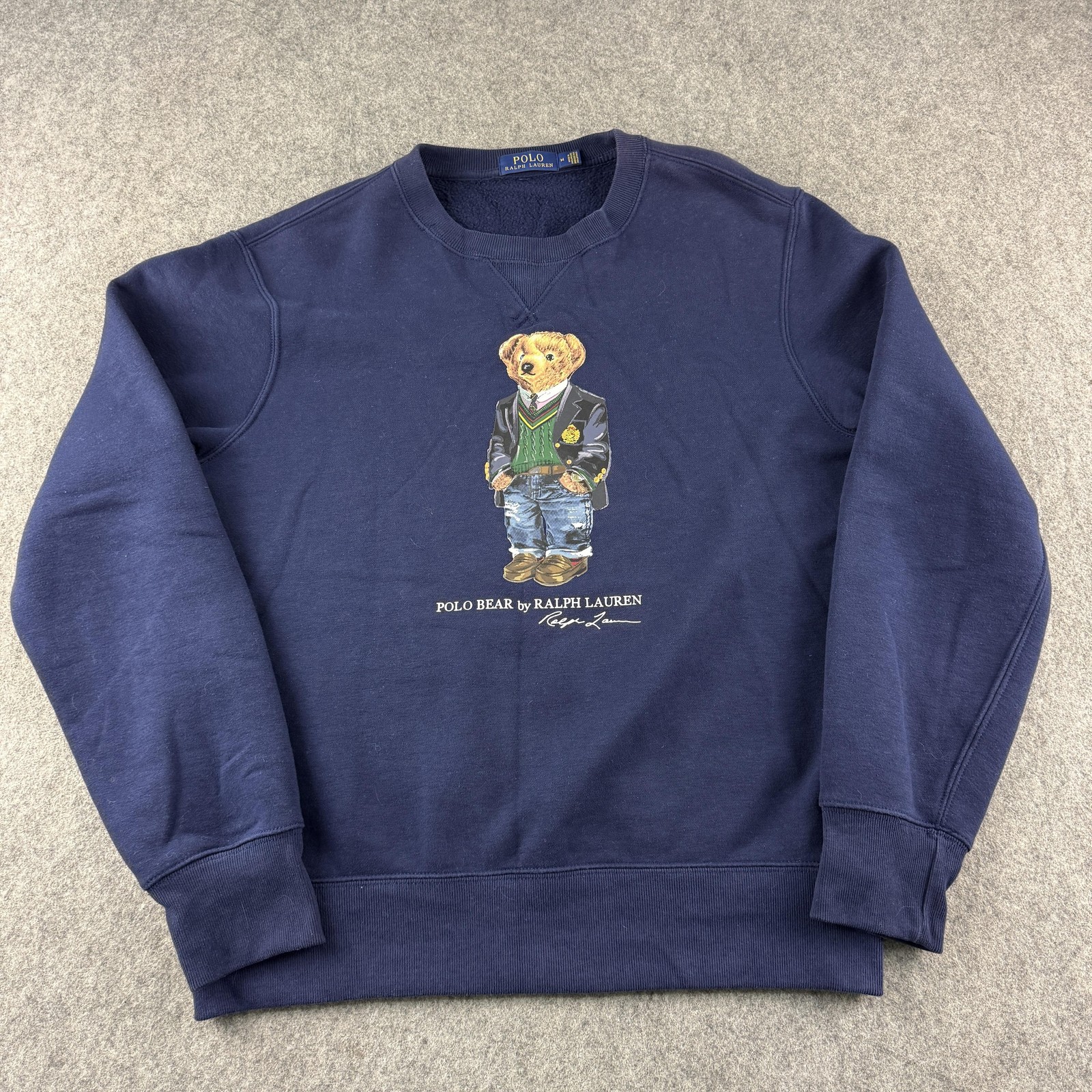 Polo Ralph Lauren Sweatshirt Mens Medium Blue Fleece Polo Bear Graphic Jumper