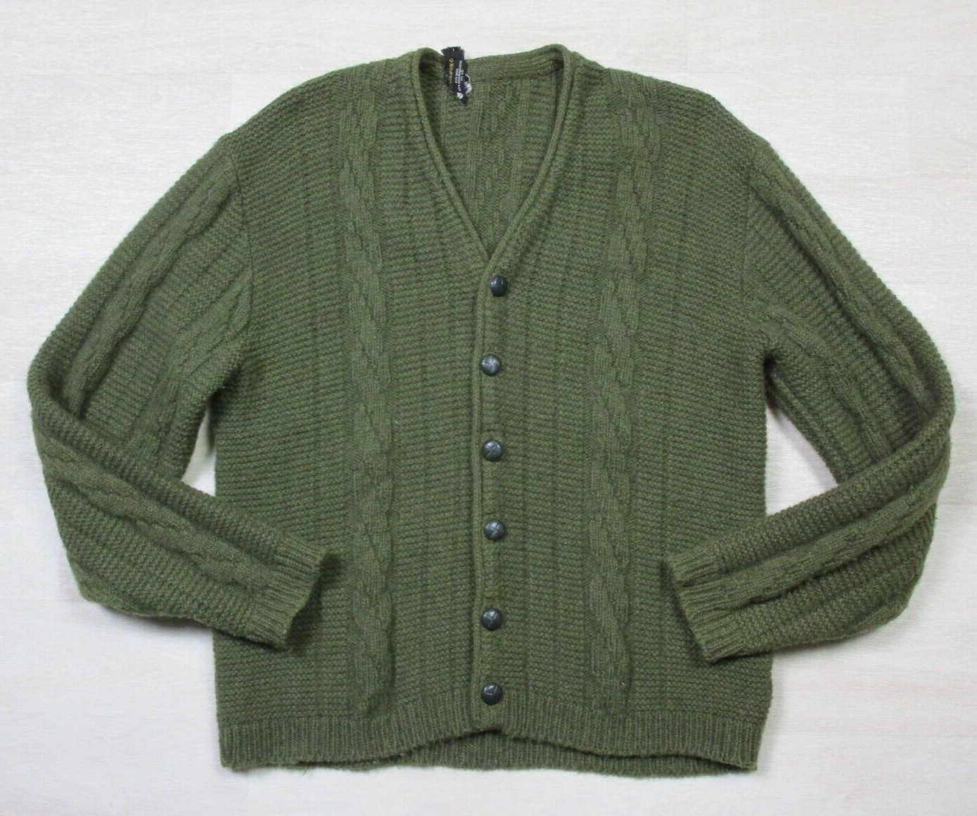 Vintage 1970s Truval Sportswear Brand Cardigan Sweater Mens (M) Olive Wool Blend