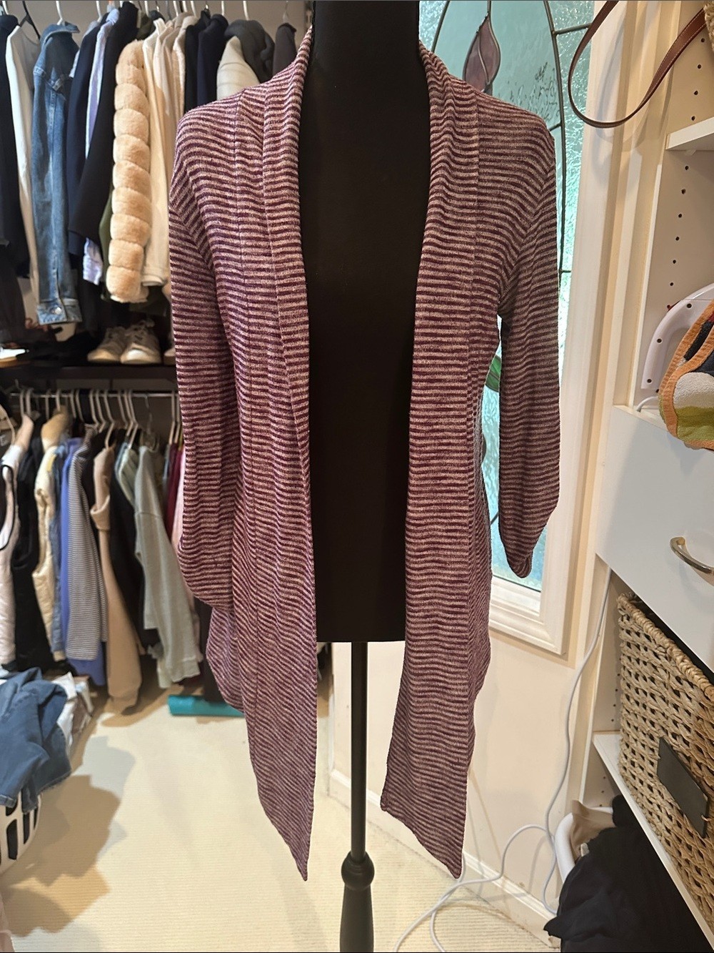 Bobeau Women\'s Plum Striped Open Front Cardigan Sweater Size S