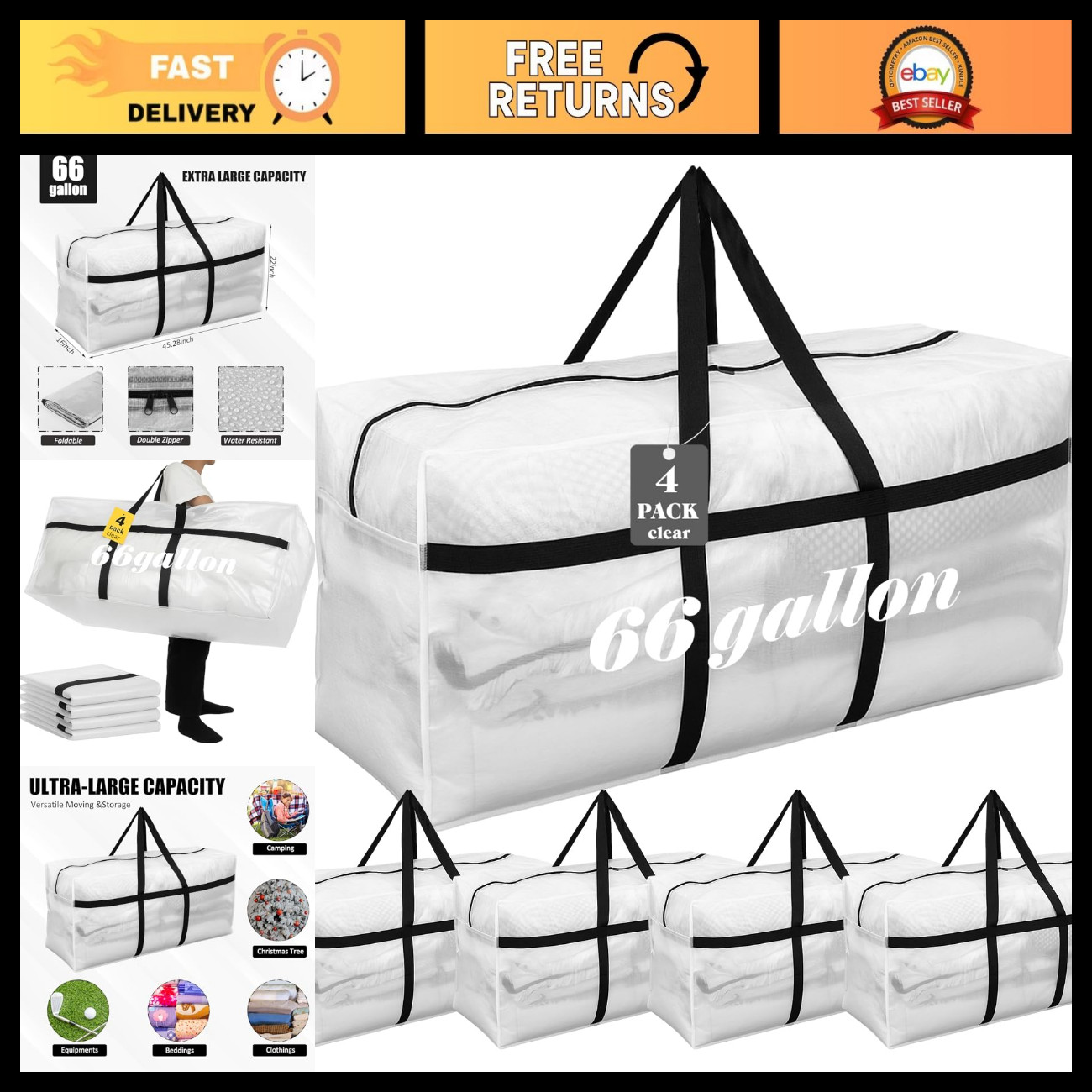 4 Pack Extra Large 66 Gallon Heavy Duty Moving Storage Bags - Durable & Reusable 4 Pack Extra Large 66 Gallon Heavy Duty Moving Storage Bags - Durable & Reusable