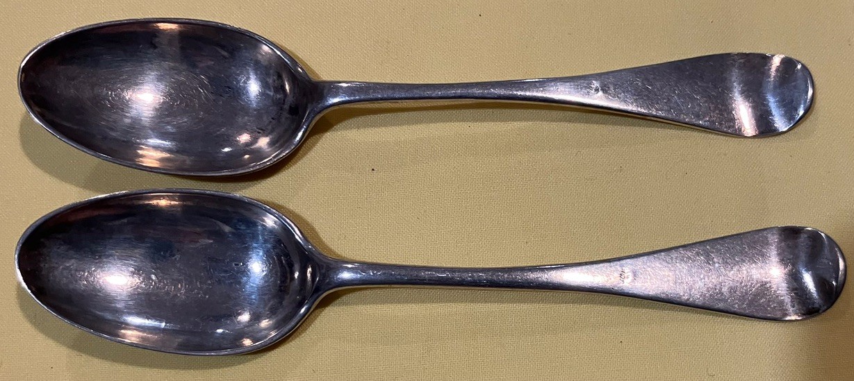 ANTIQUE PR. CONTINENTAL-LONG DROP BOWL UP TURNING HANDLE SILVER SPOONS C. 1750’S