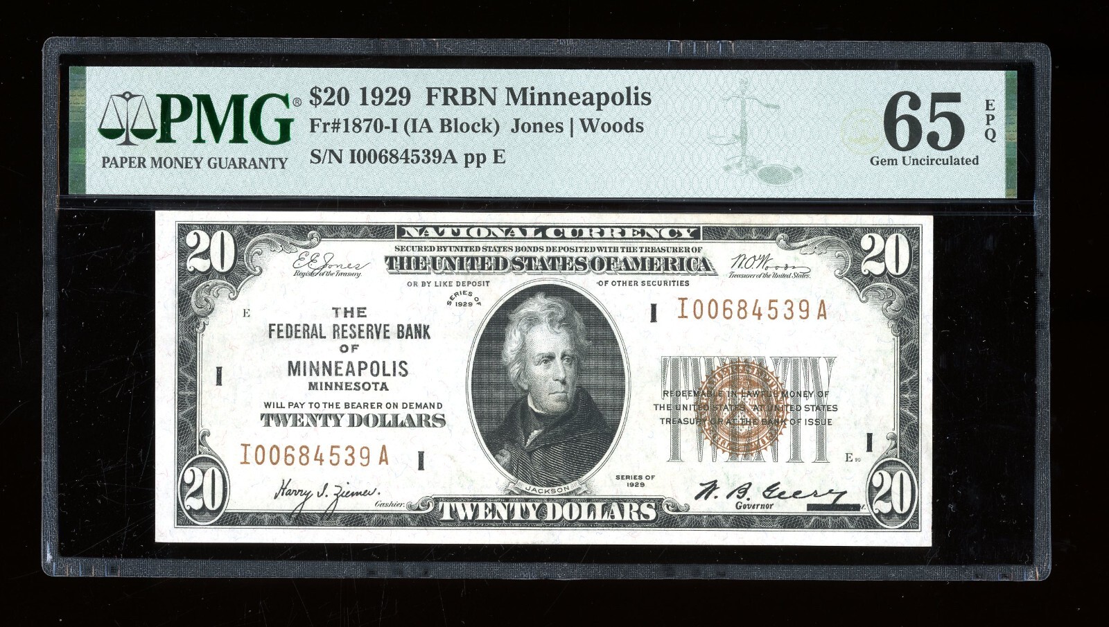 DBR 1929 $20 FRBN Minneapolis Fr. 1870-I Gem PMG 65 EPQ Serial I00684539A