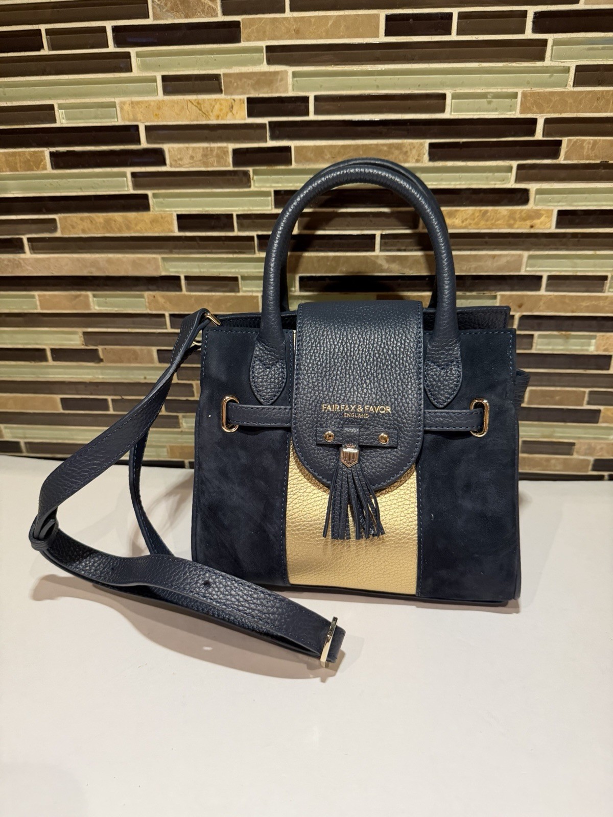 FAIRFAX & FAVOR Mini Windsor HANDBAG Gold and Navy Leather Shoulder Bag FAIRFAX & FAVOR Mini Windsor HANDBAG Gold and Navy Leather Shoulder Bag