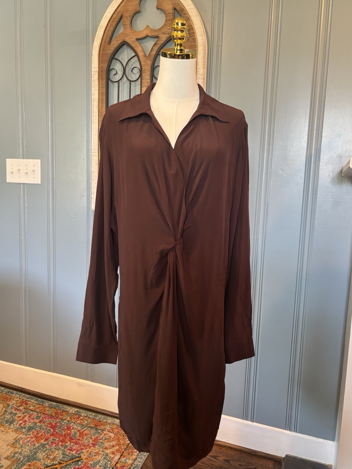 NWT LOFT Brown Solid Satin Shirt Dress Collared Long Sleeve Knee Length Size 16 NWT LOFT Brown Solid Satin Shirt Dress Collared Long Sleeve Knee Length Size 16