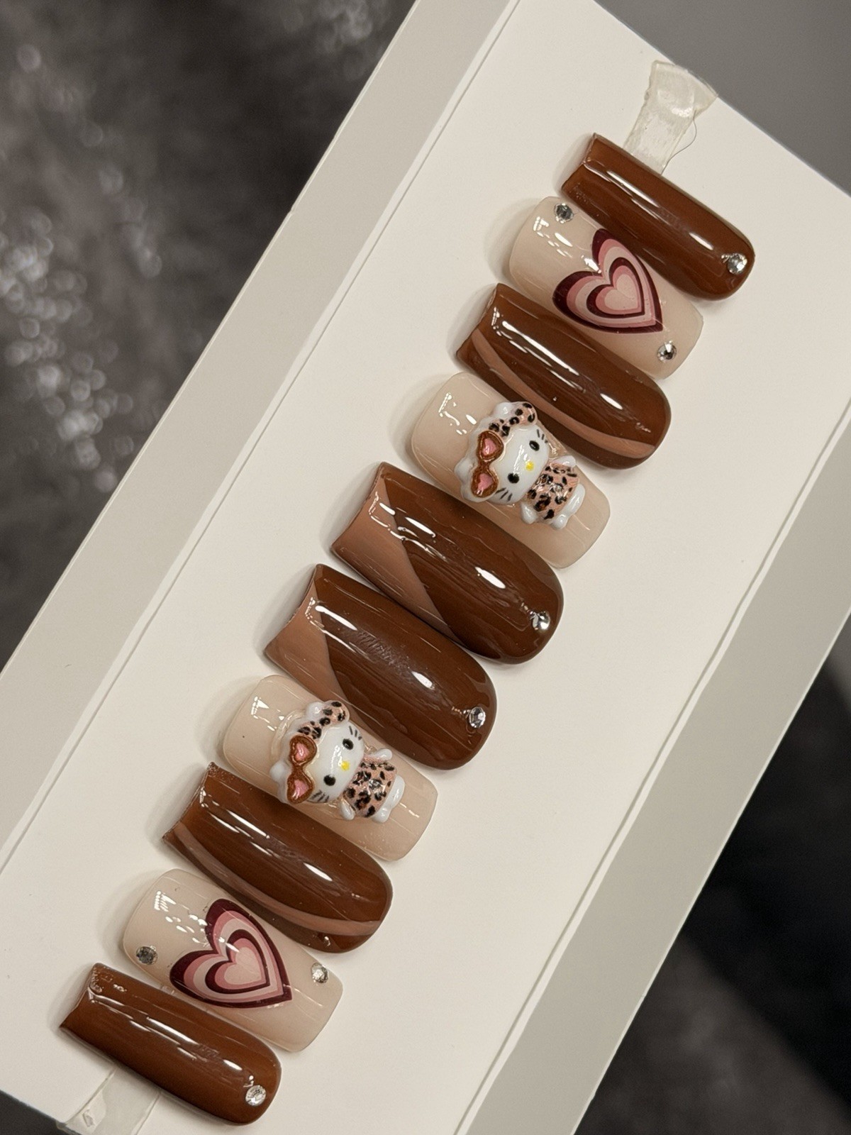 ✨ CUSTOM Press On Nails Brown Nude  HELLO KITTY  BLING  10p SET W Kit
