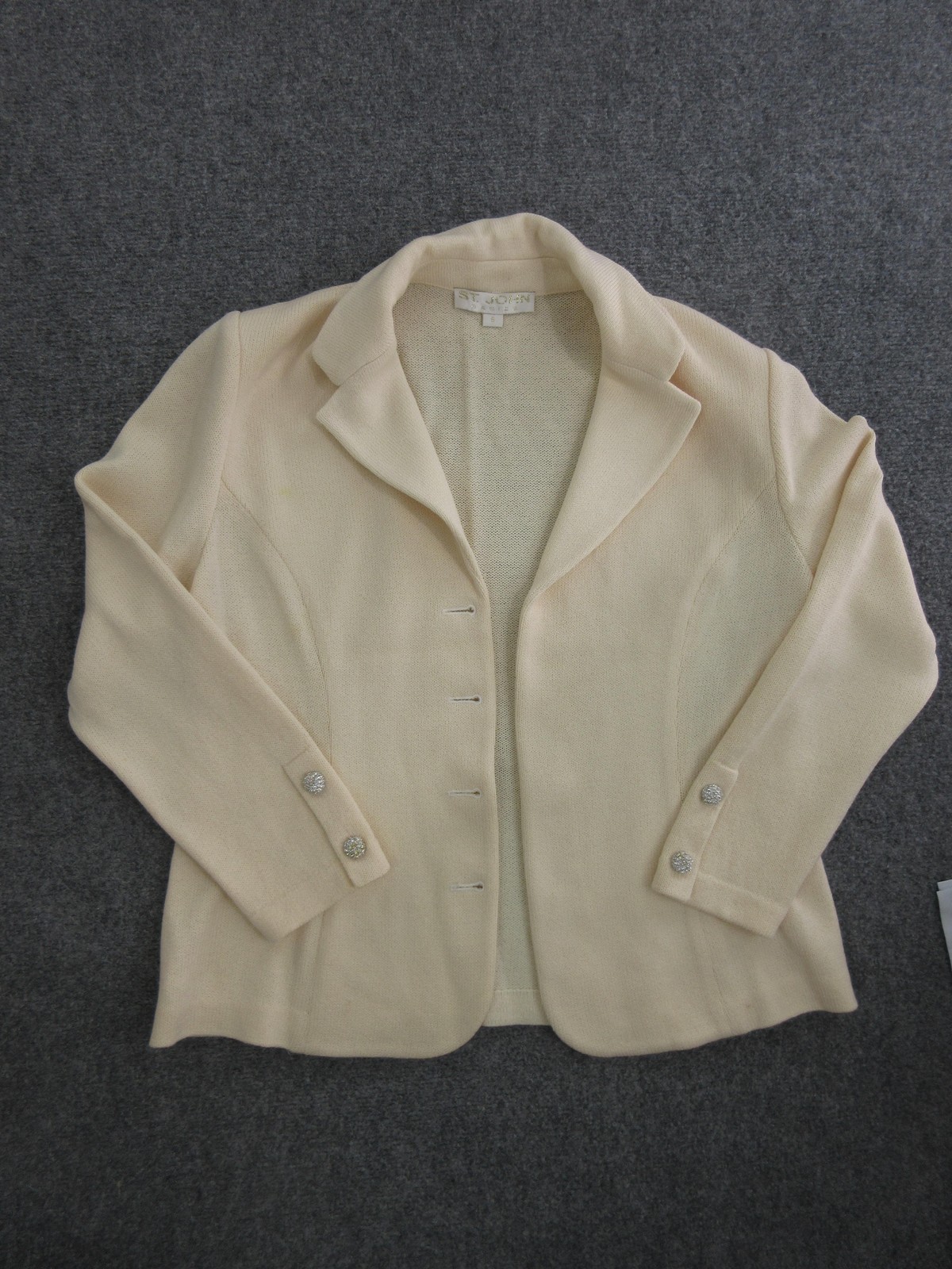 St John Basics Jacket Womens 6 White Knit Blazer Silver Buttons Notch Lapel