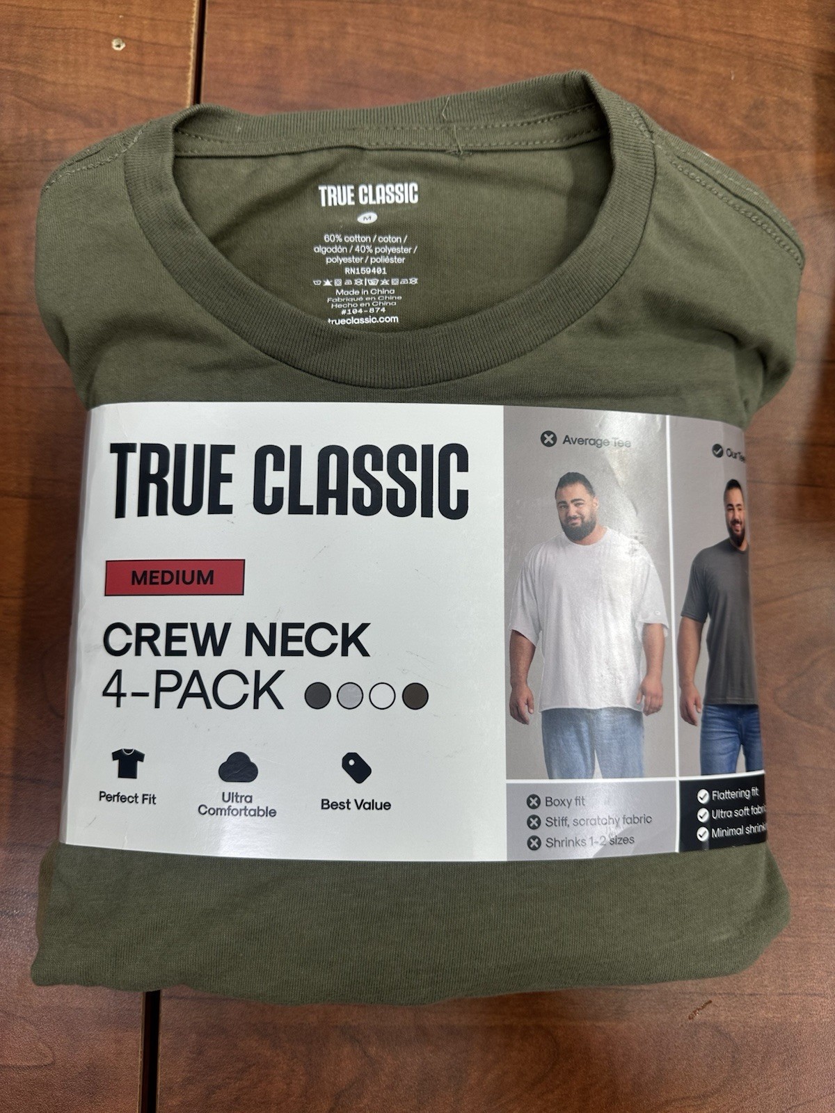 True Classic 4 Pack Crew Neck Shirts Short Sleeve Size M Grey/White/Dessert/Gree