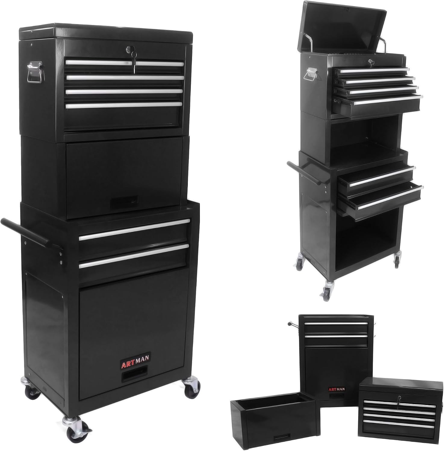 6-Drawer Rolling Tool Chest Storage Cabinet Toolbox Combo Locking W/ Riser Black