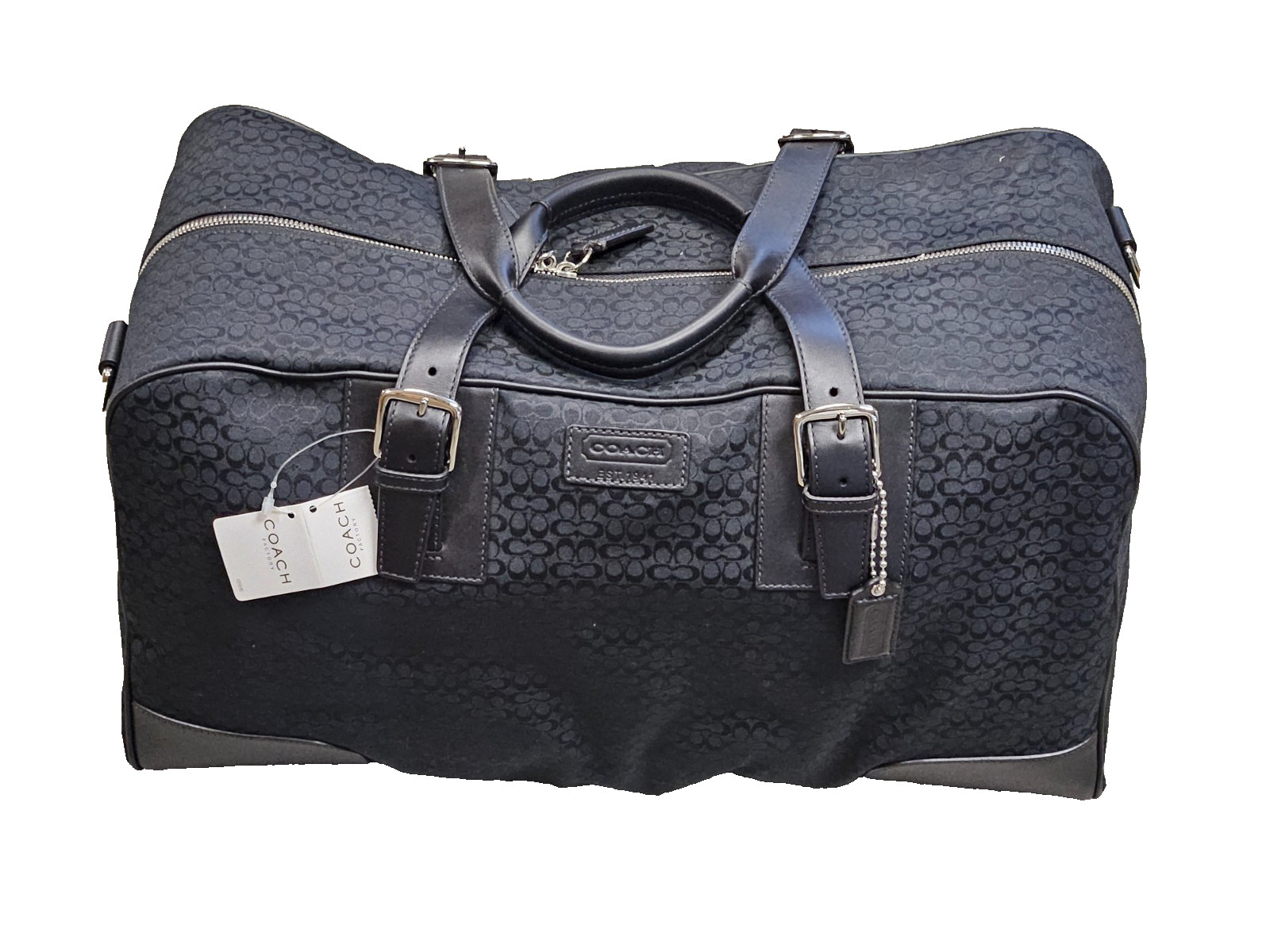 Coach F77085 Vintage LARGE Black Signature C Canvas & Leather Trim Travel Bag Coach F77085 Vintage LARGE Black Signature C Canvas & Leather Trim Travel Bag