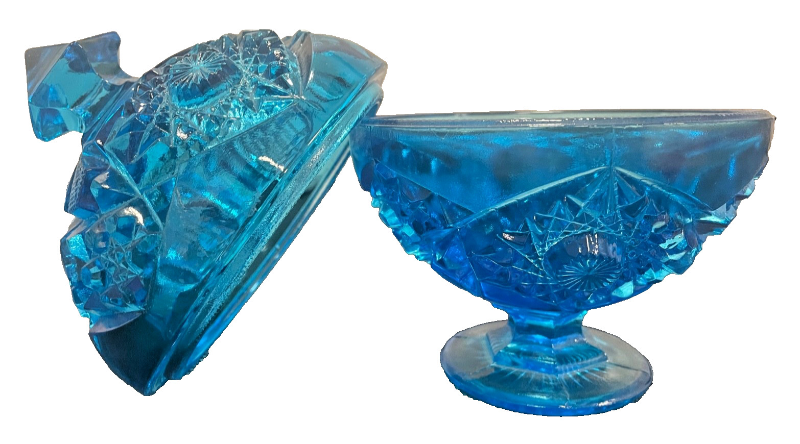 Vintage Kemple blue Glass Hobstar Pedestal Compote bowl Candy Dish & Lid uranium Vintage Kemple blue Glass Hobstar Pedestal Compote bowl Candy Dish & Lid uranium