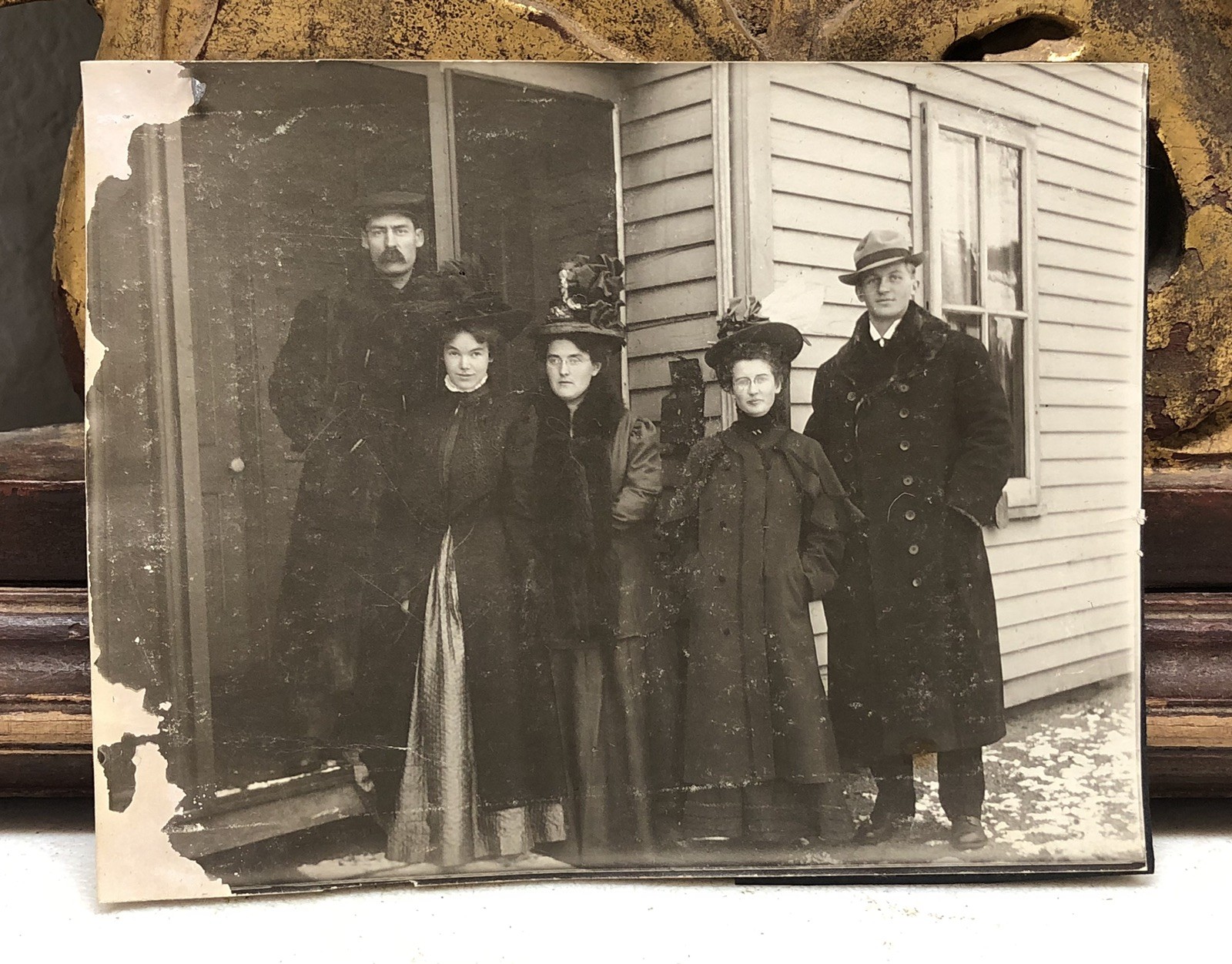 Family of 5 Posing in Front of House Well Dressed Winter Jackets c1910s Photo