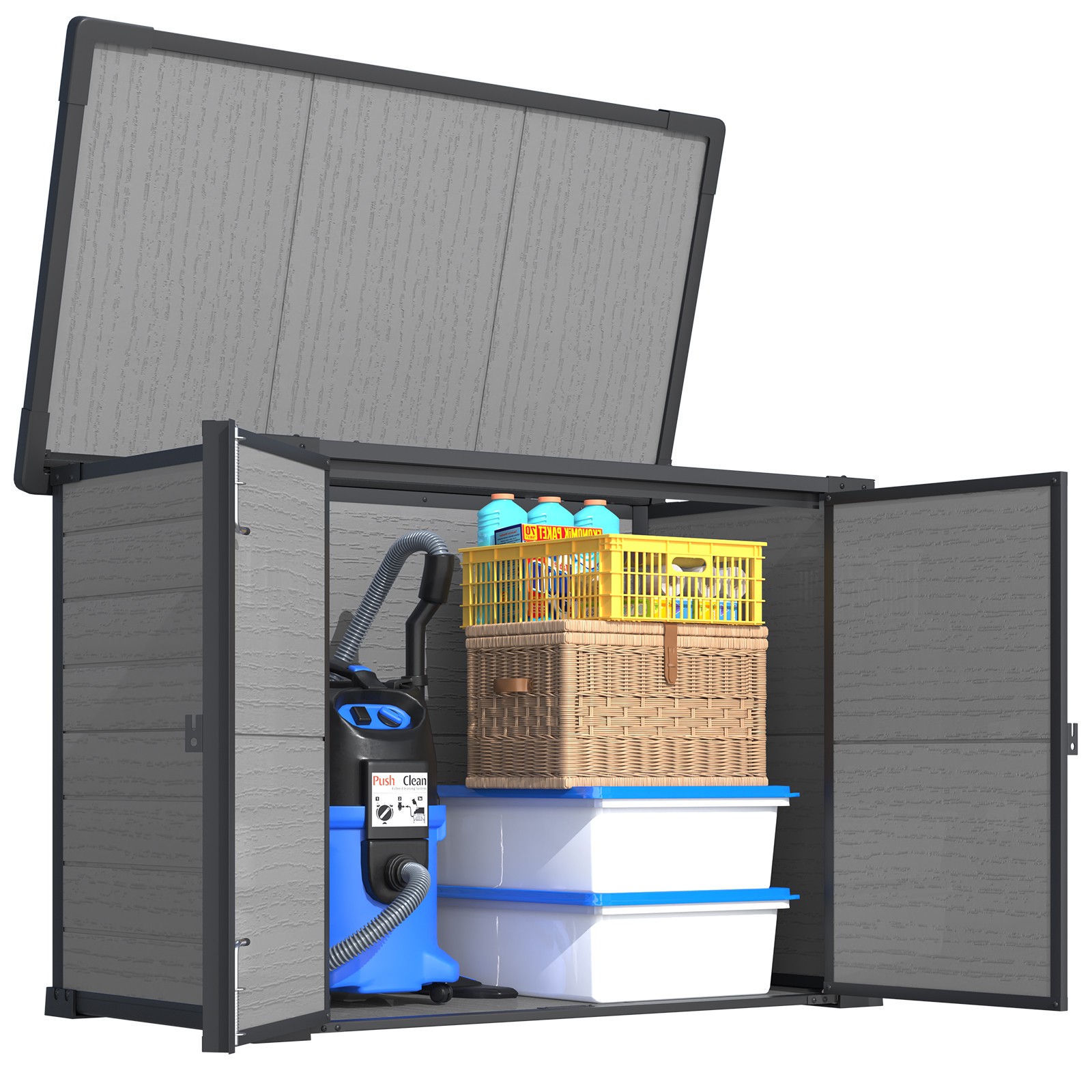  Resin Outdoor Trash Can Storage, Horizontal Shed with Base.einforced Floor