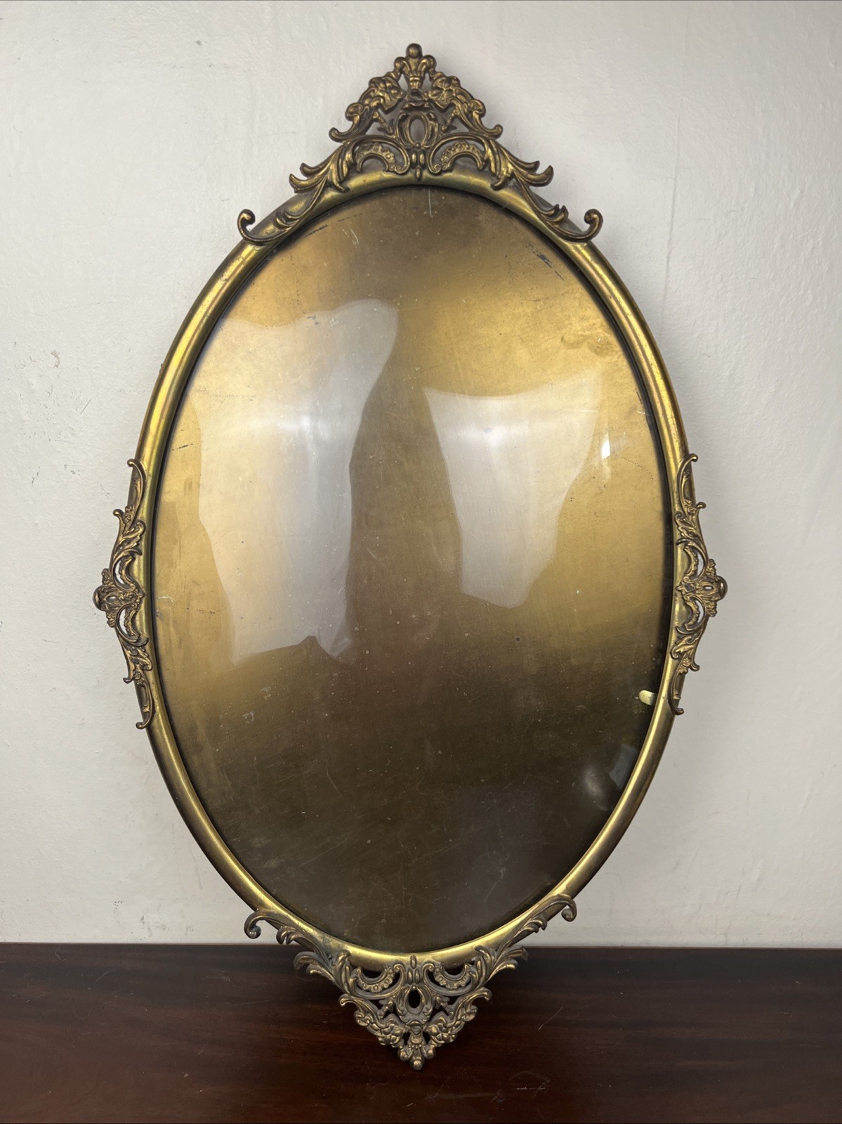 Antique Victorian Convex Bubble Glass Frame Oval Gold Tone Dark Academia 24 1/8 Antique Victorian Convex Bubble Glass Frame Oval Gold Tone Dark Academia 24 1/8