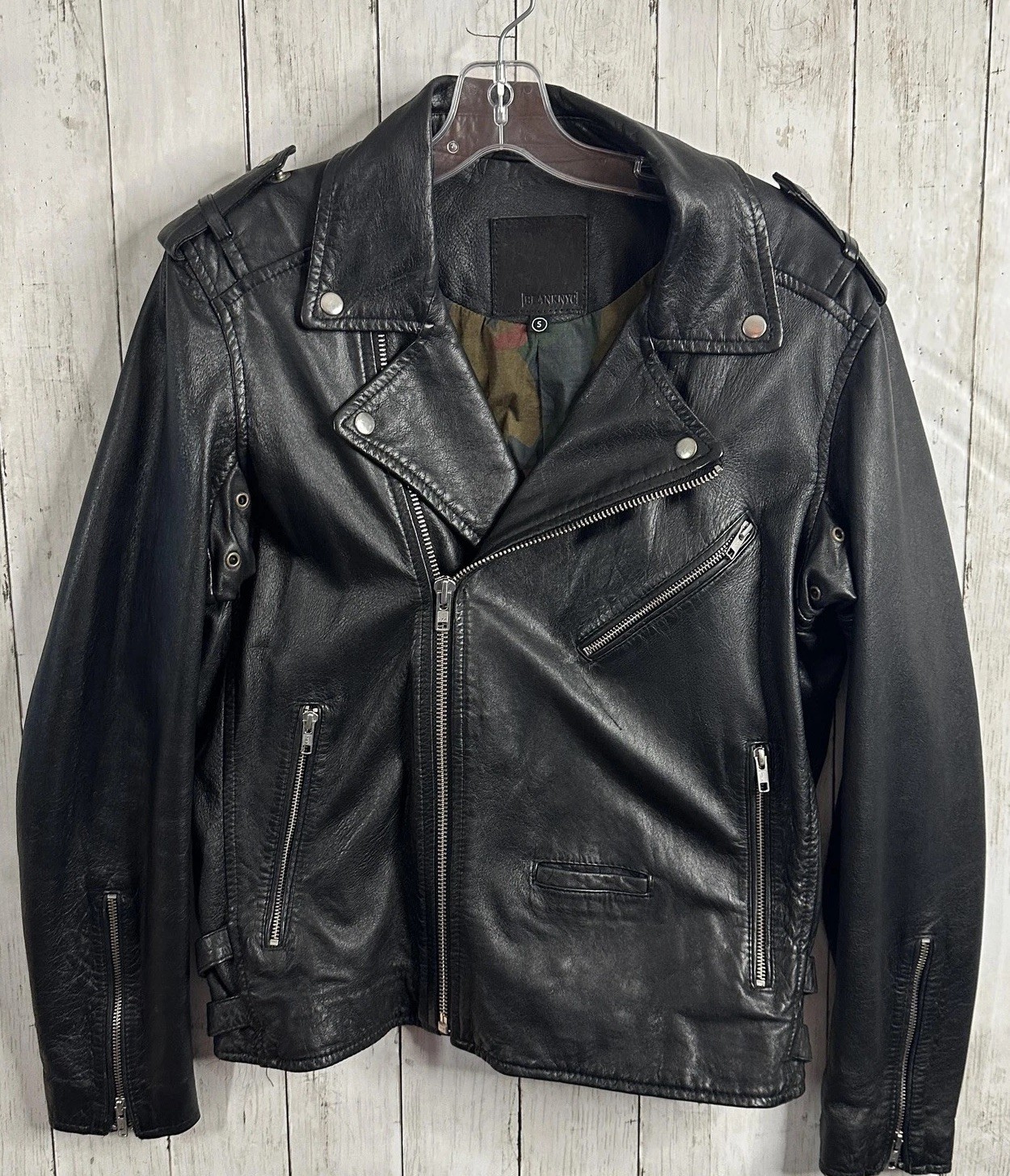 BLANKNYC Leather Jacket Womens Small Black Moto Biker Camo Lined 04XM9018BL