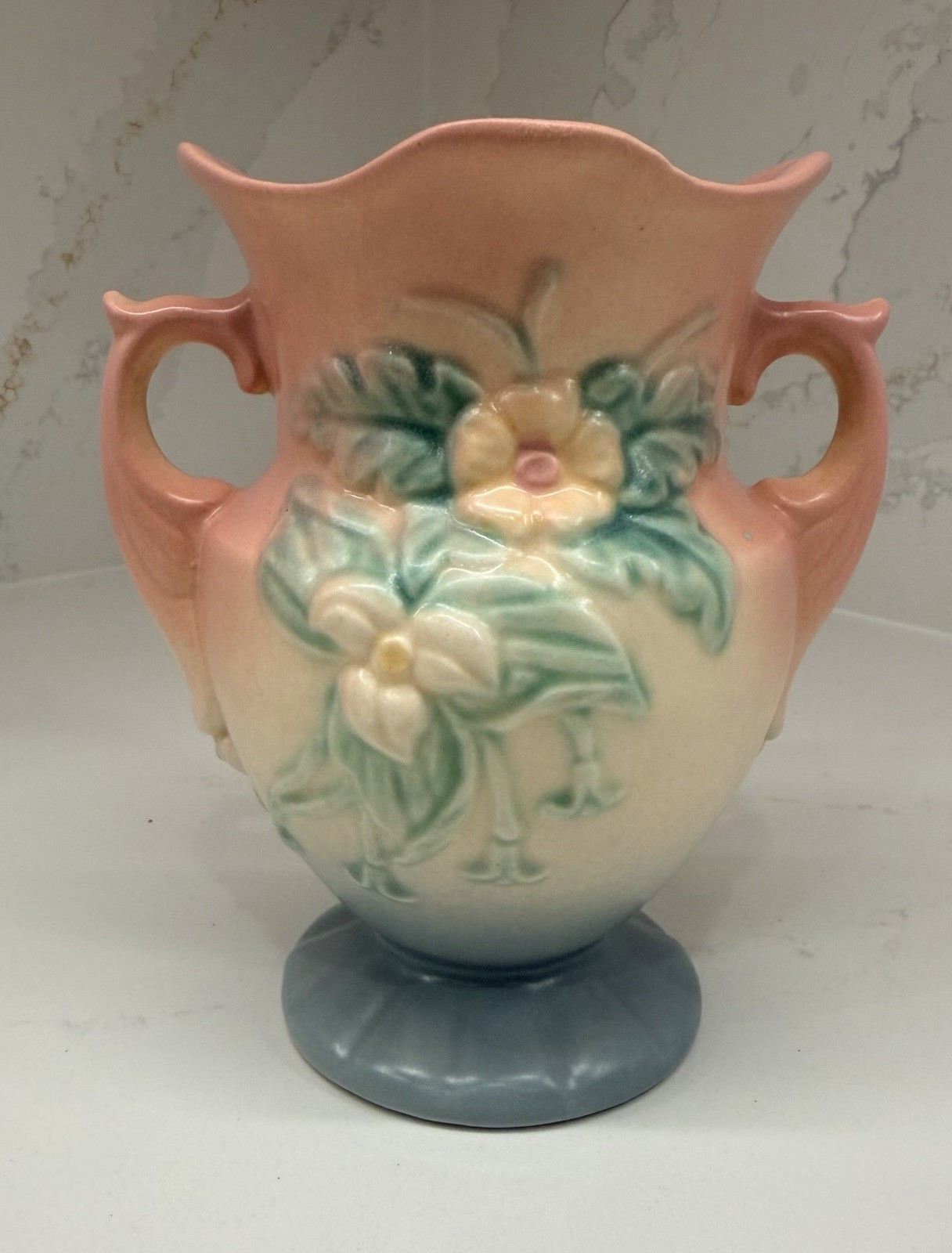 Vtg Hull Art Pottery Woodland W4 6.5” Pink Blue Double Handle Vase USA Retro Mcm