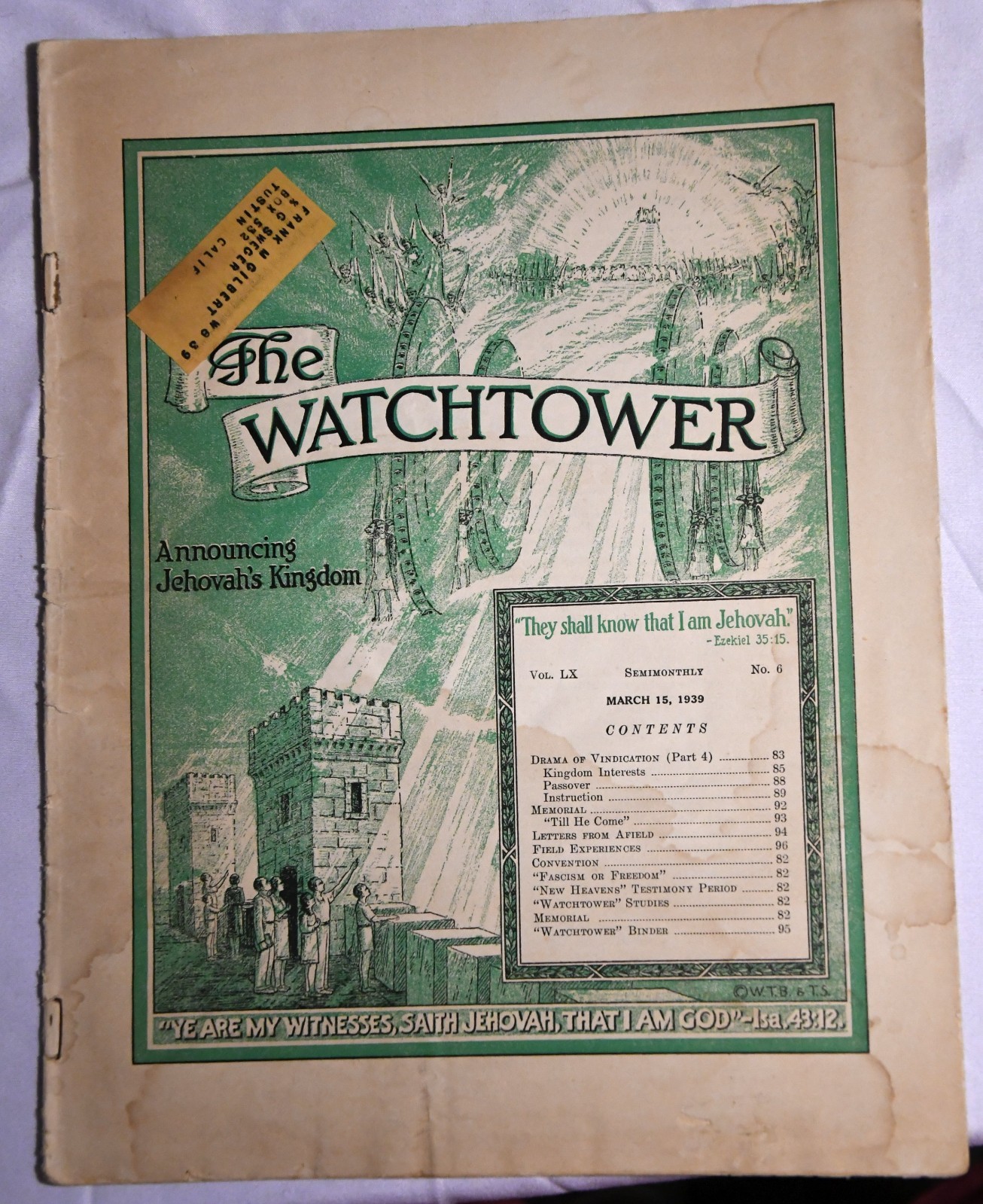 The Watchtower March 15 1939 Jehovah\'s Witnesses JW Original Stapled