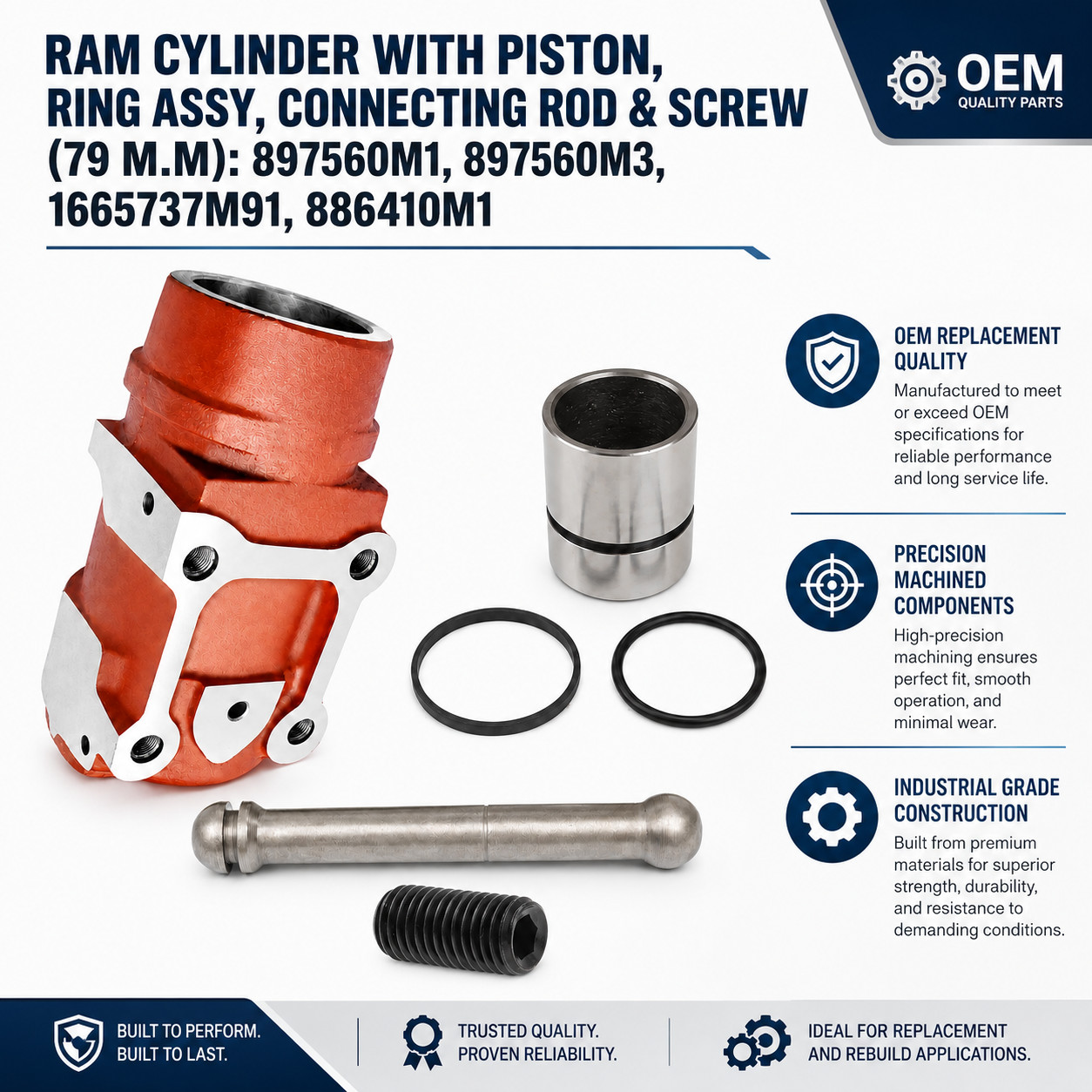Hydraulic Lift Cylinder Assy 79MM: Rings Piston Rod- Massey Ferguson - 897560M3