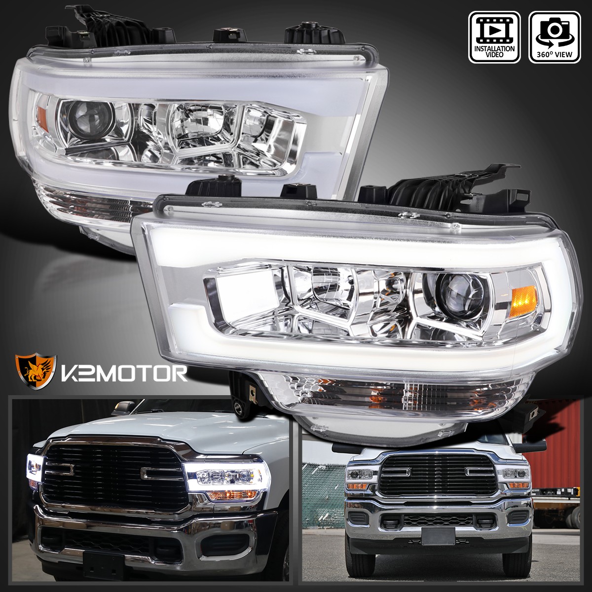Fit 2019-2024 Dodge Ram 2500 3500 Clear LED Tube Projector Headlights Left+Right