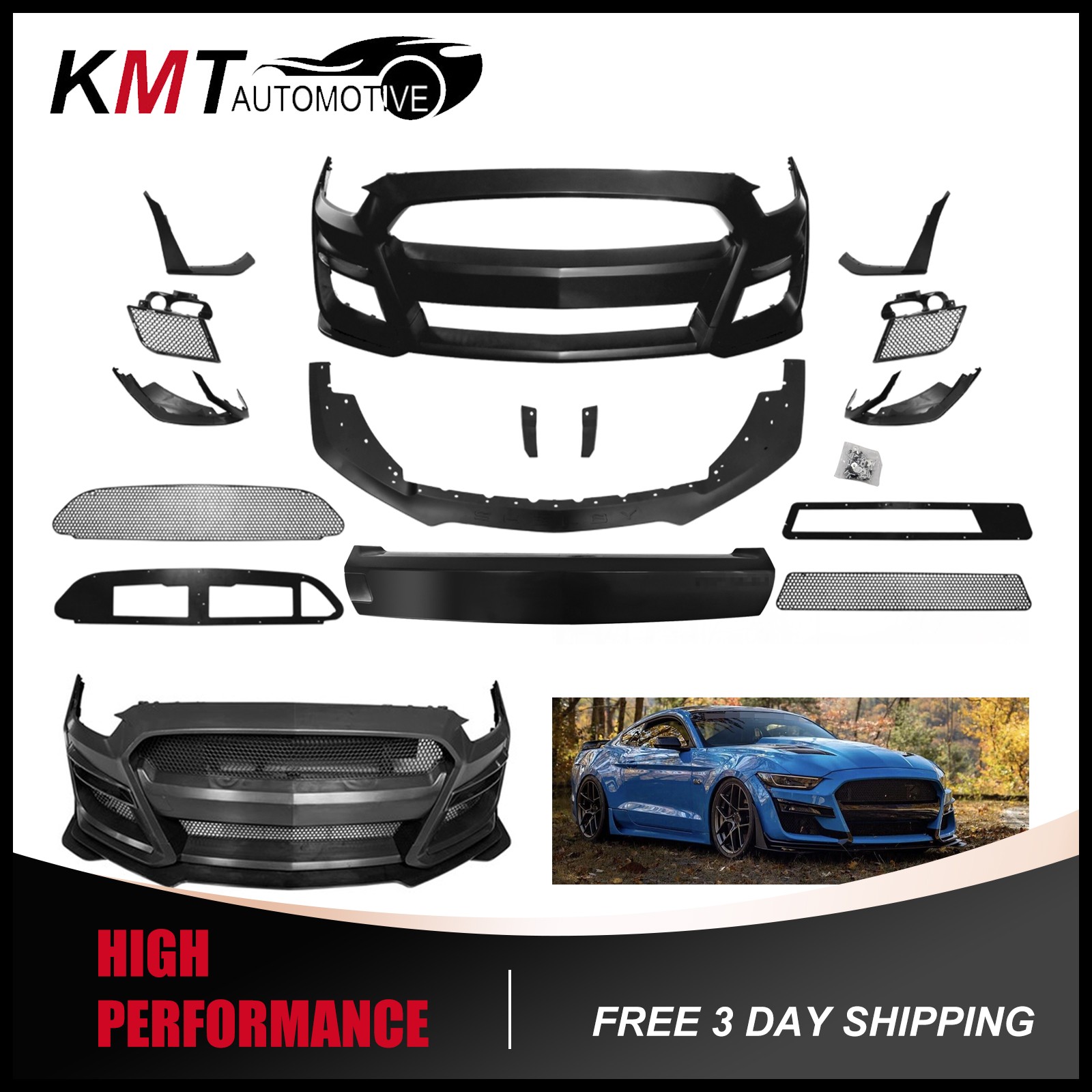 Fits 2015-2017 Ford Mustang GT500 Style Front Bumper Conversion With Front Lip