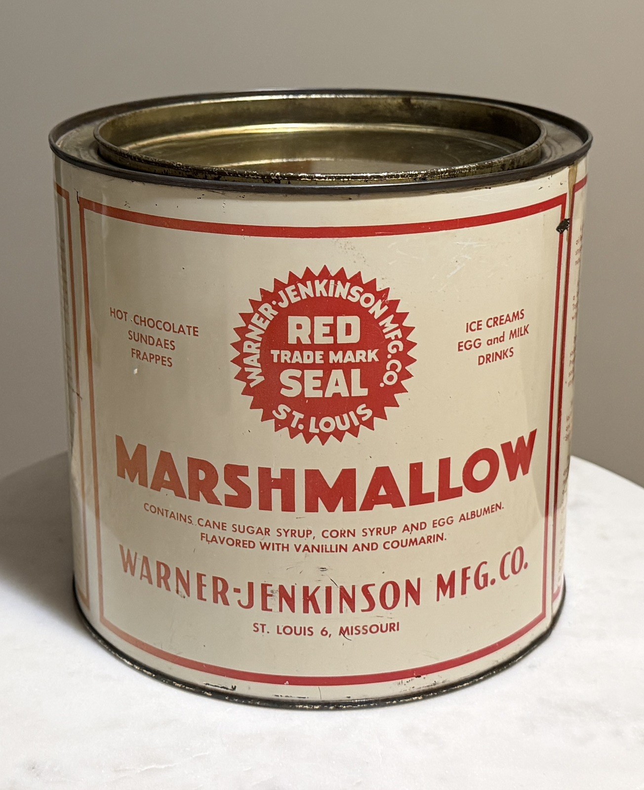 Vintage Red Seal Marshmallow Tin with Lid Warner Jenkinson Mfg Co. - 7-1/4” 4lb Vintage Red Seal Marshmallow Tin with Lid Warner Jenkinson Mfg Co. - 7-1/4” 4lb