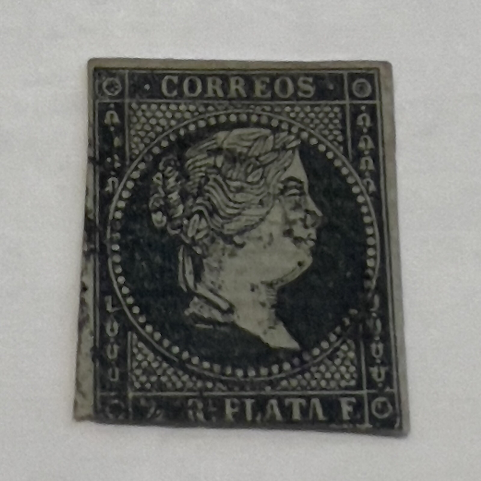 RARE 1850\'s SPAIN IMPERF STAMP QUEEN ISABEL II BLACK