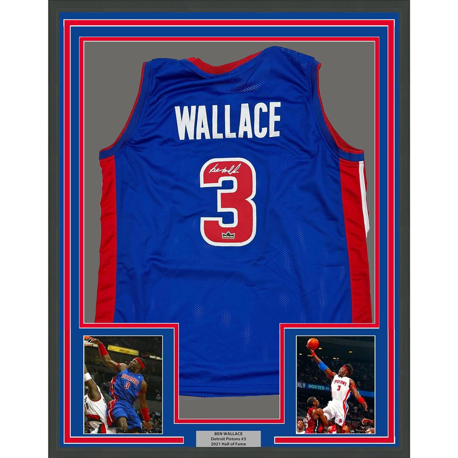 Framed Facsimile Autographed Ben Wallace 35x39 Detroit Blue Reprint Jersey