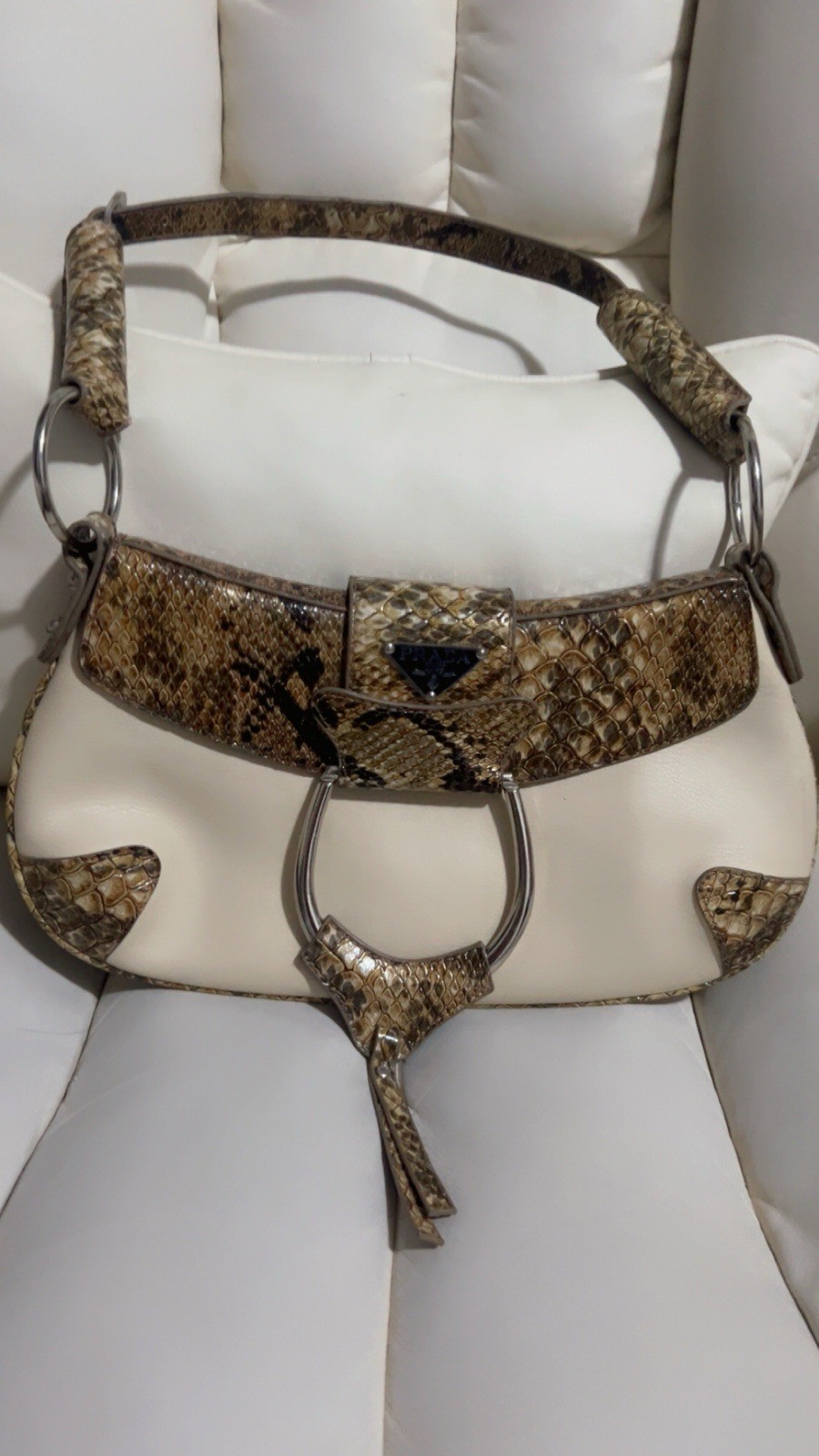 Authentic Vintage Prada Cream Leather & Python Snakeskin Stirrup Shoulder Bag