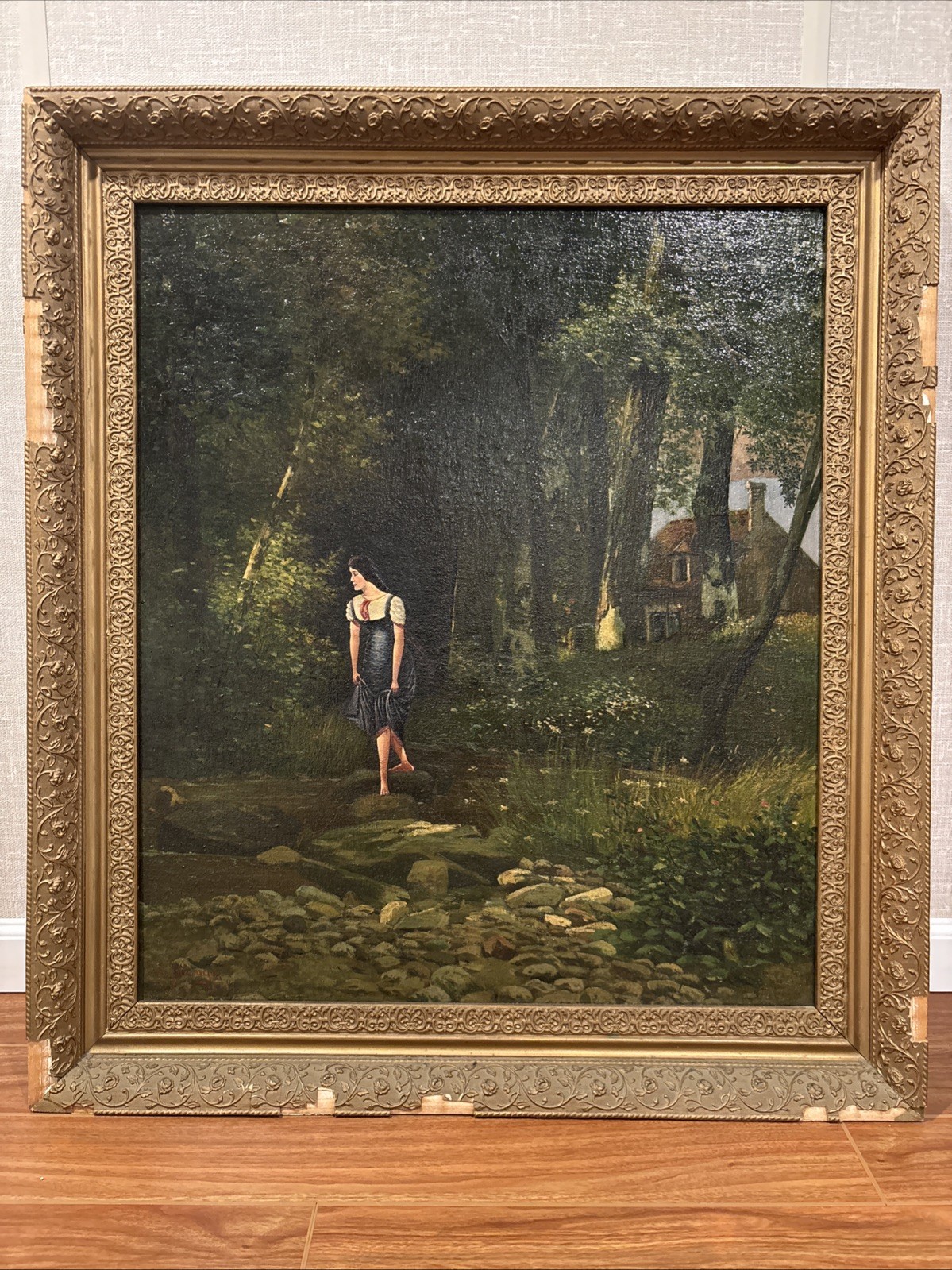 Antique 1895 European Oil On Canvas Painting Of Woman In The Woods - Signed