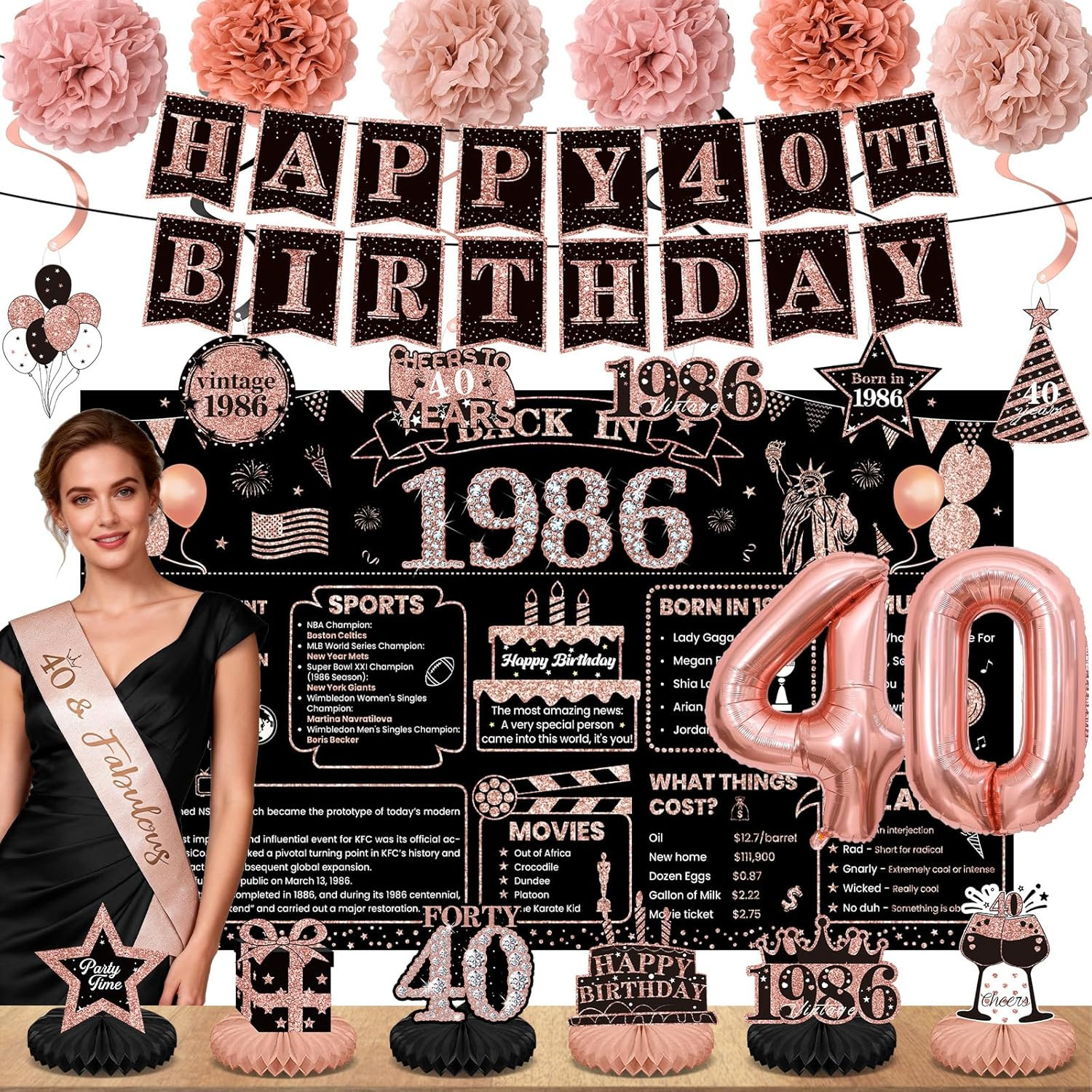 40Th Birthday Decorations for Women, Rose Gold 1986 Happy 40Th Birthday Decorati
