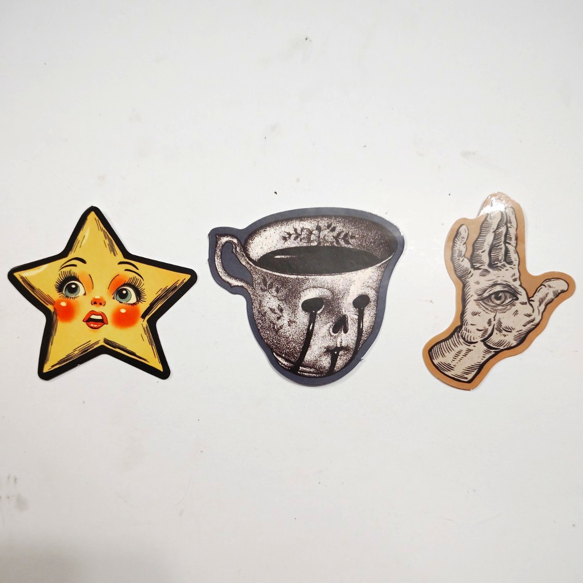 3 Pc Vintage Sticker Pack Creepy Cute Star Crying Coffee Cup Occult Hand Decals 3 Pc Vintage Sticker Pack Creepy Cute Star Crying Coffee Cup Occult Hand Decals