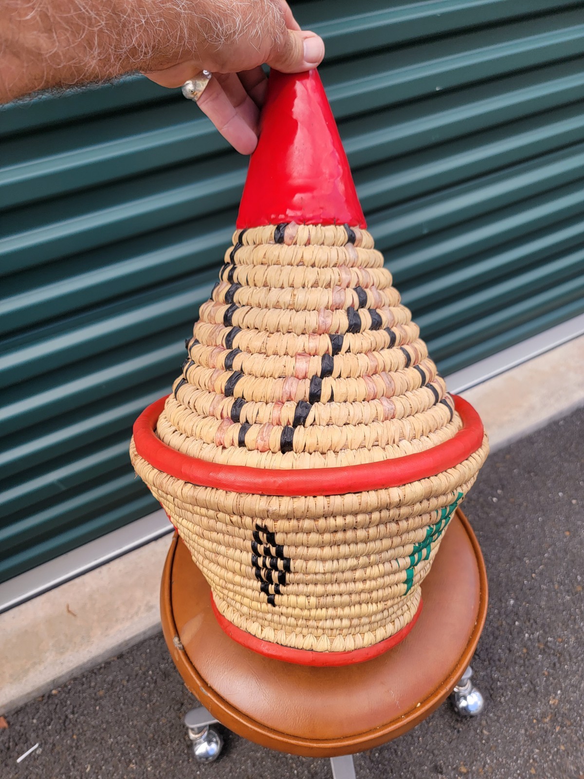 RARE Antique Morrocan Bread Basket Tbek Woven Mulitcolor Natural Fiber & Leather