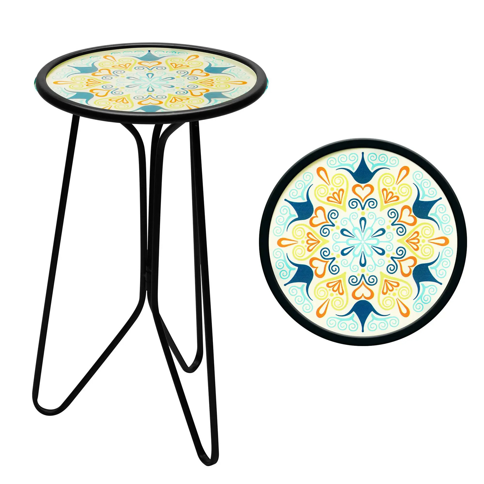 G128 12 in Round Glass Outdoor Side Table Green Mandala Pattern Plant Stand
