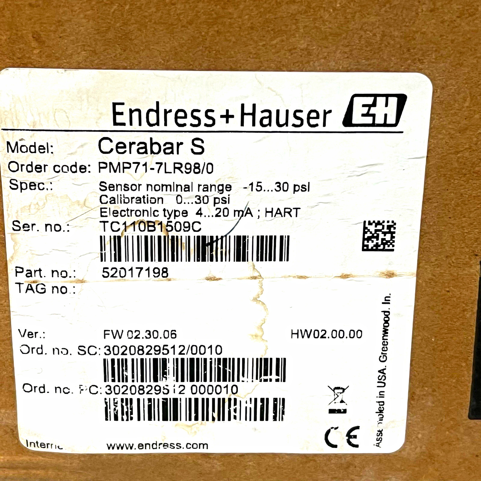Endress+Hauser Cerabar S PMP71-7LR98/0 Pressure Transmitter 0-30 PSI HART NEW Endress+Hauser Cerabar S PMP71-7LR98/0 Pressure Transmitter 0-30 PSI HART NEW